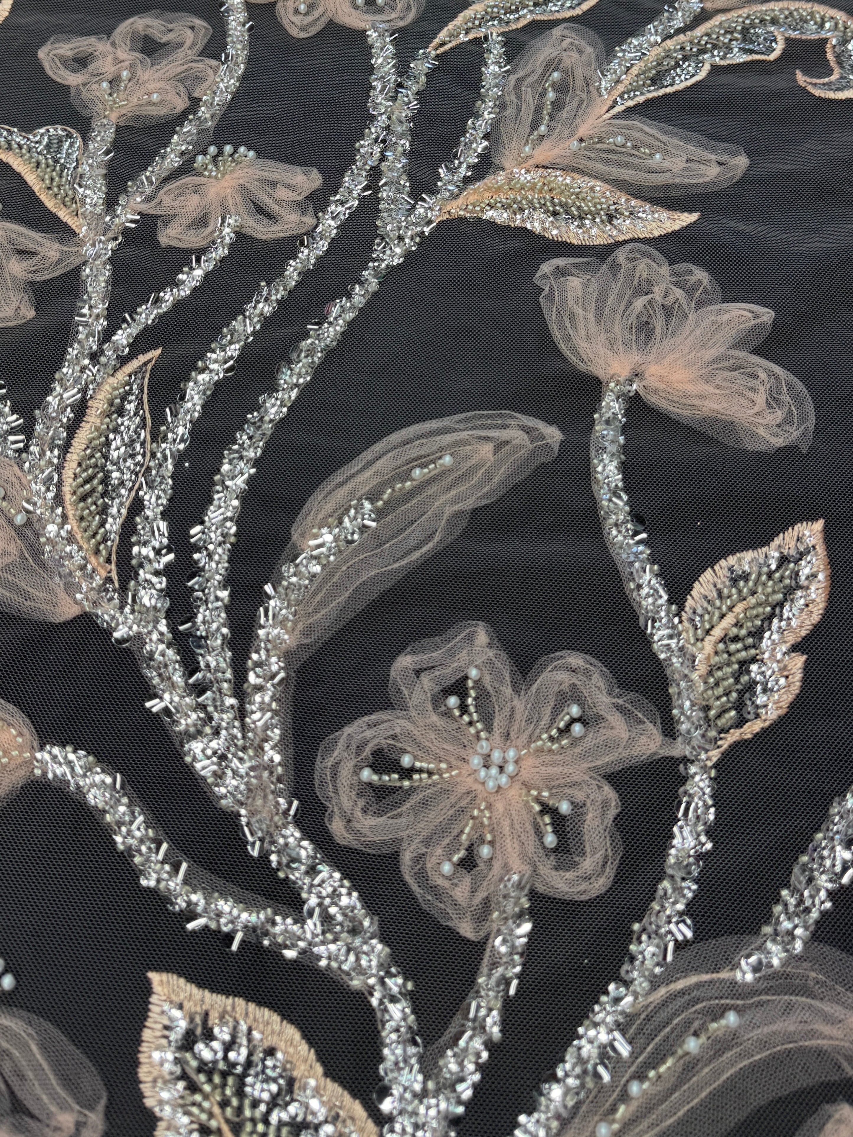 Peach 3D Floral Tulle Beaded Lace Mesh, Beaded Lace Mesh, Floral Beaded Lace, 3D Flower Lace, Embroidered Tulle Lace, Embellished Tulle Fabric, Luxury Lace Fabric