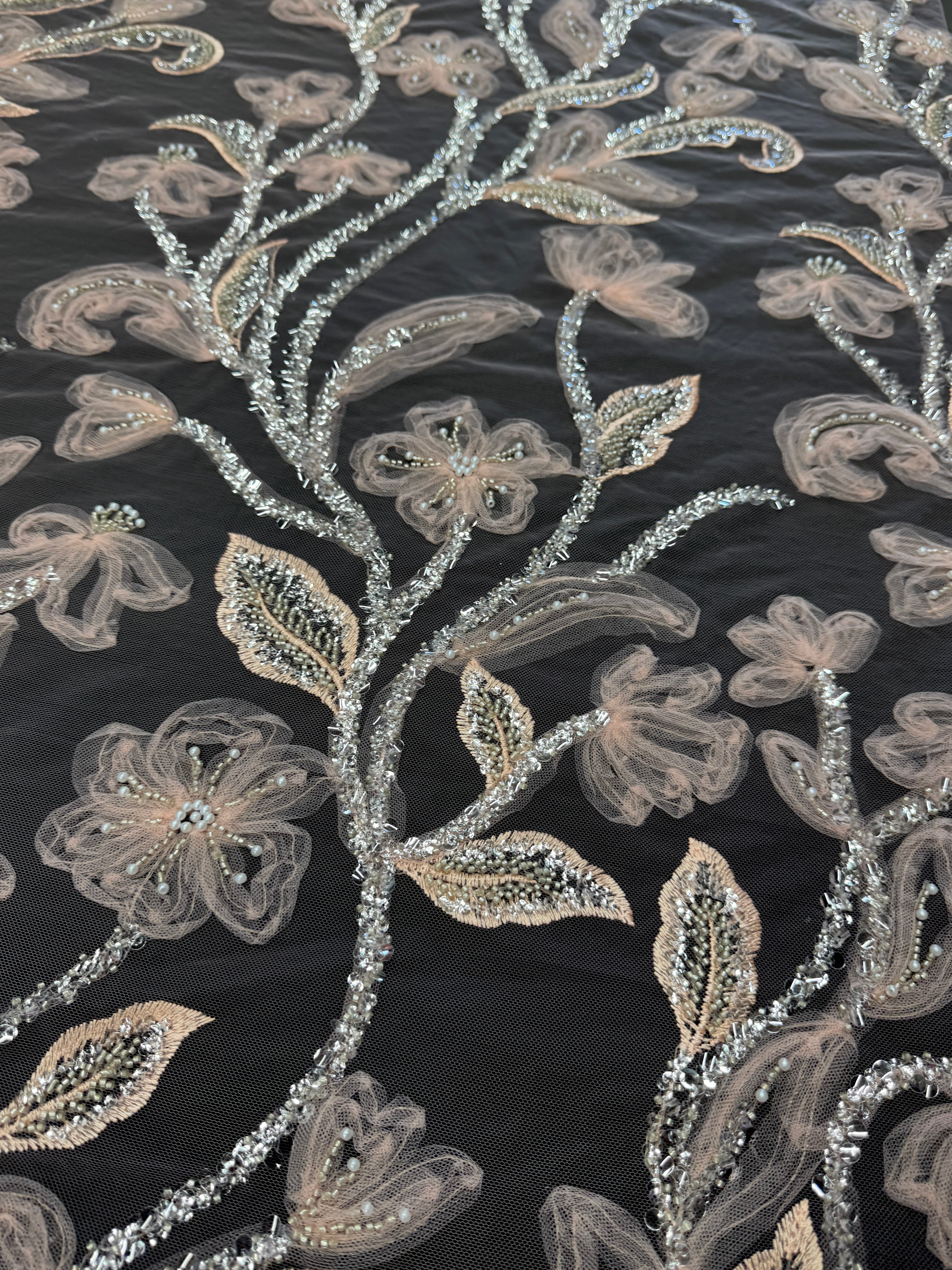 Peach 3D Floral Tulle Beaded Lace Mesh, Beaded Lace Mesh, Floral Beaded Lace, 3D Flower Lace, Embroidered Tulle Lace, Embellished Tulle Fabric, Luxury Lace Fabric