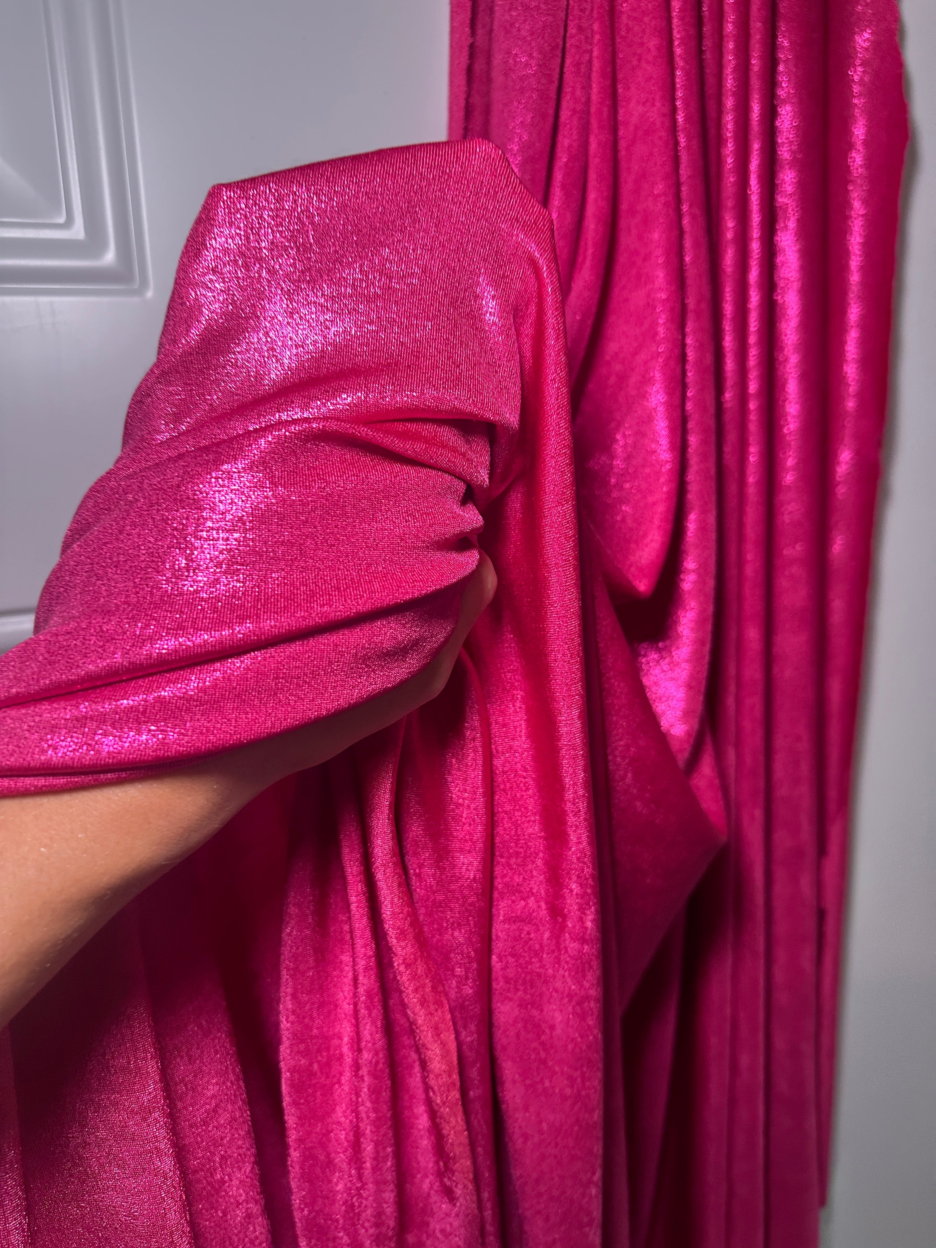 hot pink slinky foiled jersey, pink foiled jersey, dark pink foiled jersey, light pink foiled jersey, foiled jersey for woman, foiled jersey on sale, foiled jersey on discount, best quality foiled jersey 