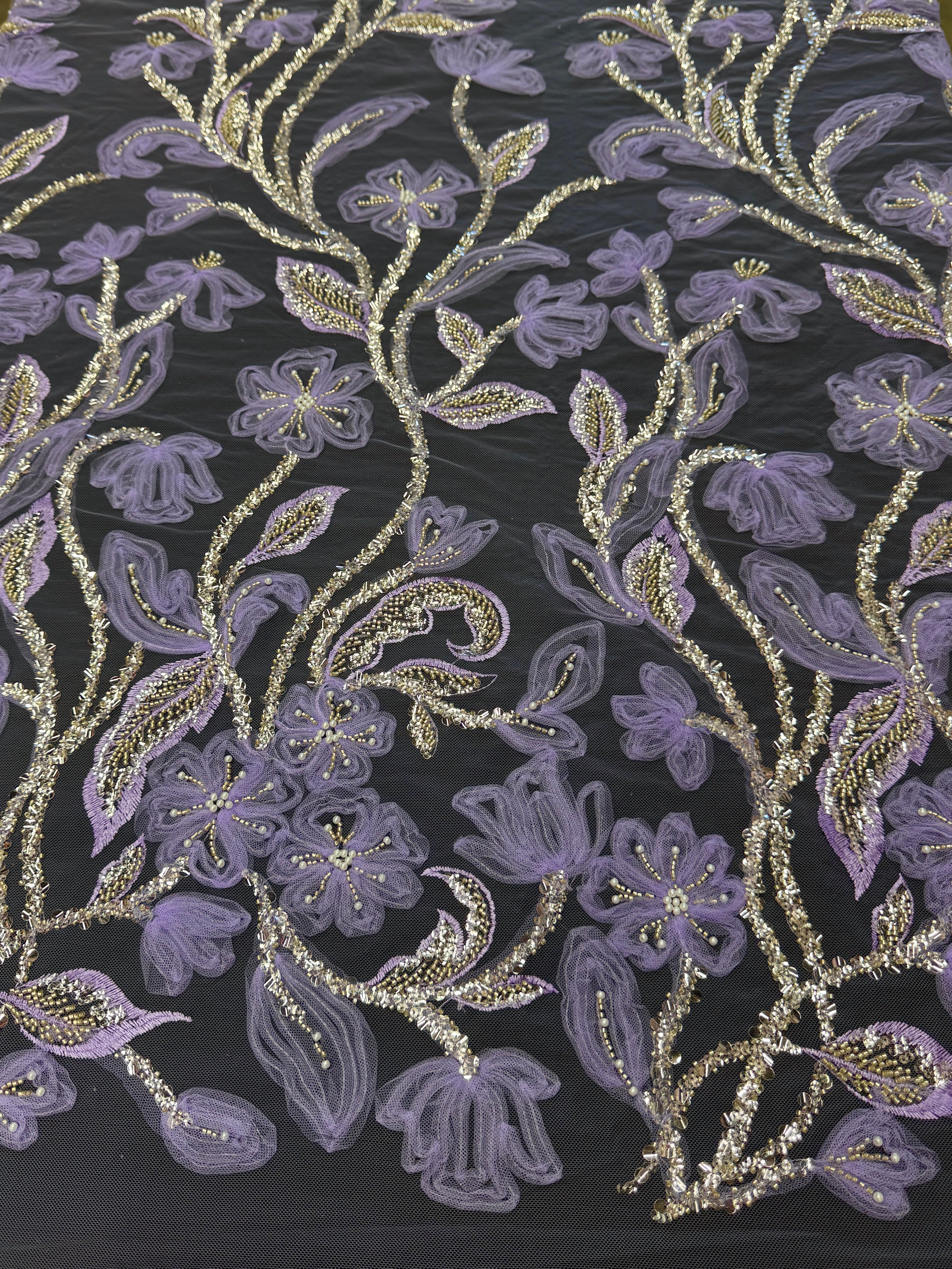 Lavender 3D Floral Tulle Beaded Lace Mesh, Beaded Lace Mesh, Floral Beaded Lace, 3D Flower Lace, Embroidered Tulle Lace, Embellished Tulle Fabric, Luxury Lace Fabric