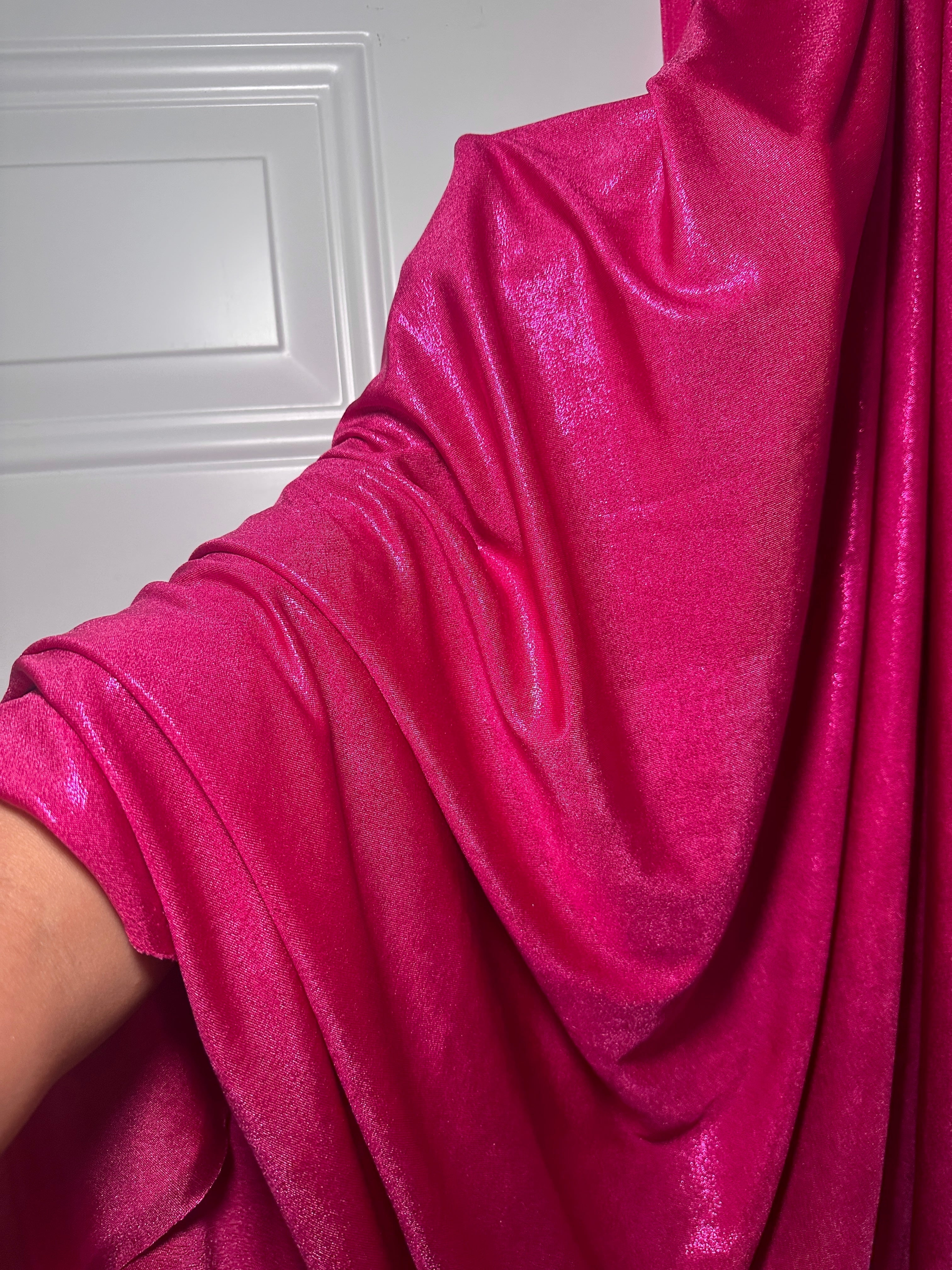 hot pink slinky foiled jersey, pink foiled jersey, dark pink foiled jersey, light pink foiled jersey, foiled jersey for woman, foiled jersey on sale, foiled jersey on discount, best quality foiled jersey 