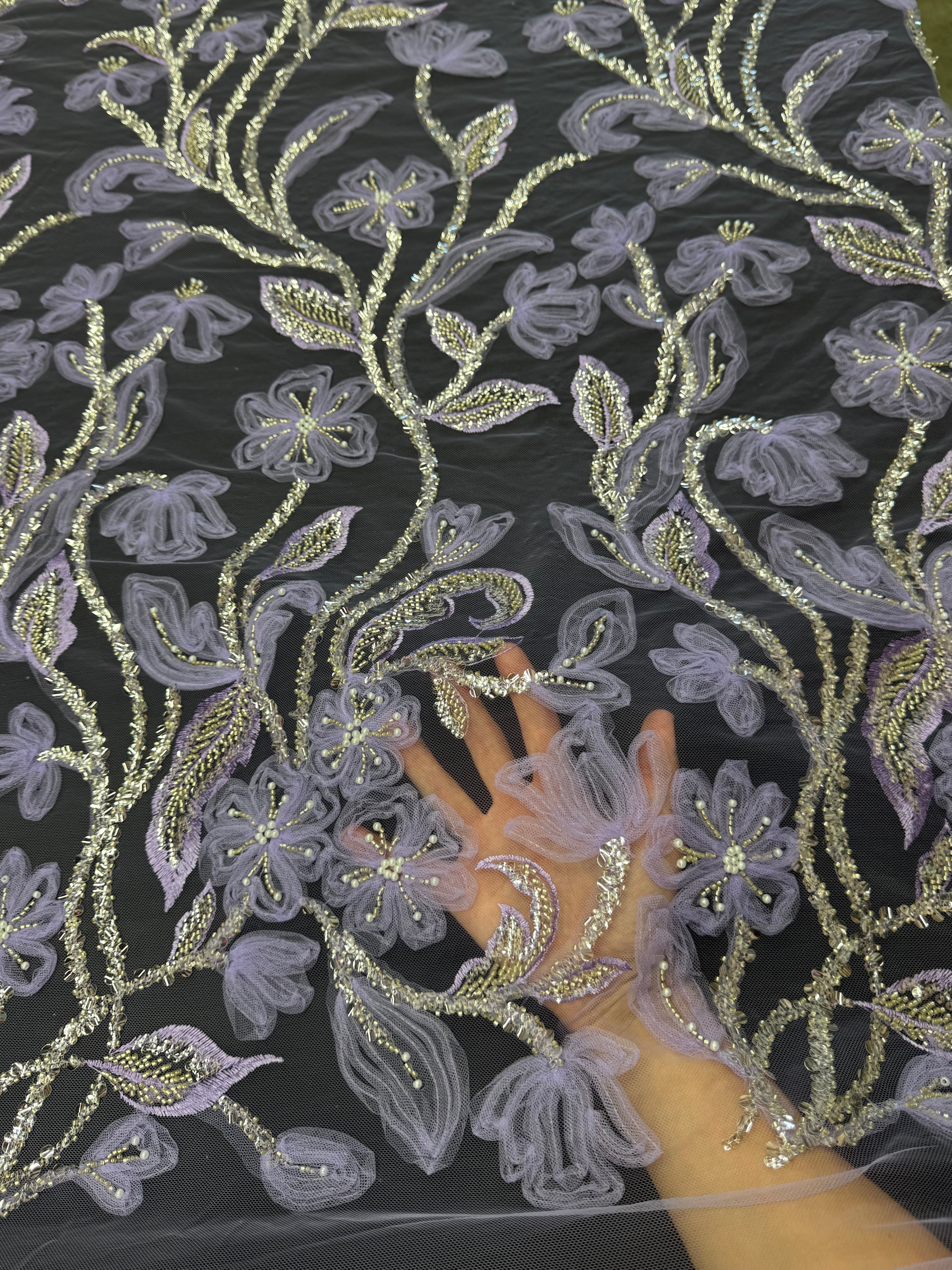 Lavender 3D Floral Tulle Beaded Lace Mesh, Fabric Store, Sewing Store, Cheap Fabric Store, Kiki Textiles, Textile by the Yard
