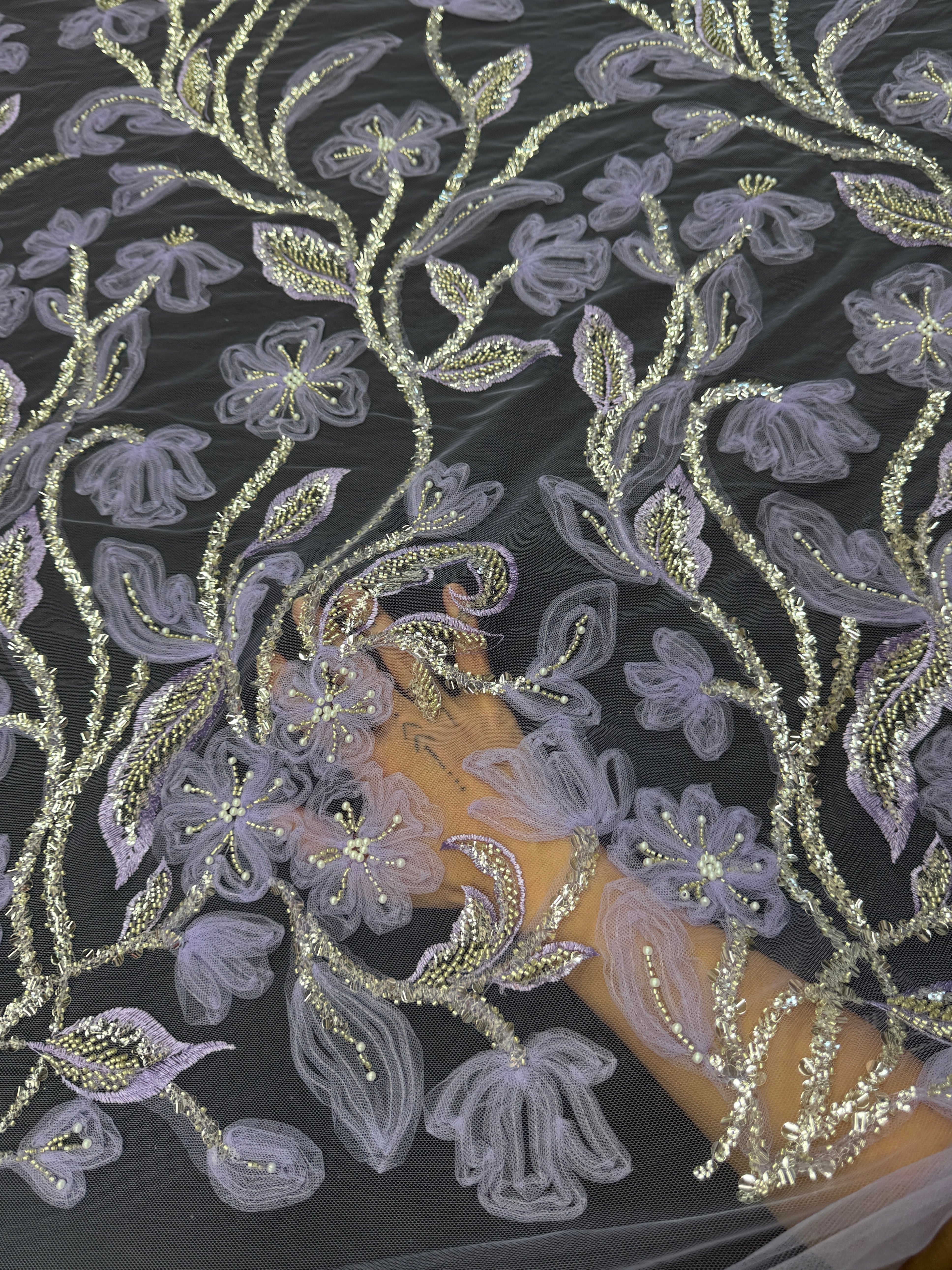 Lavender 3D Floral Tulle Beaded Lace Mesh, Fabric Store, Sewing Store, Cheap Fabric Store, Kiki Textiles, Textile by the Yard