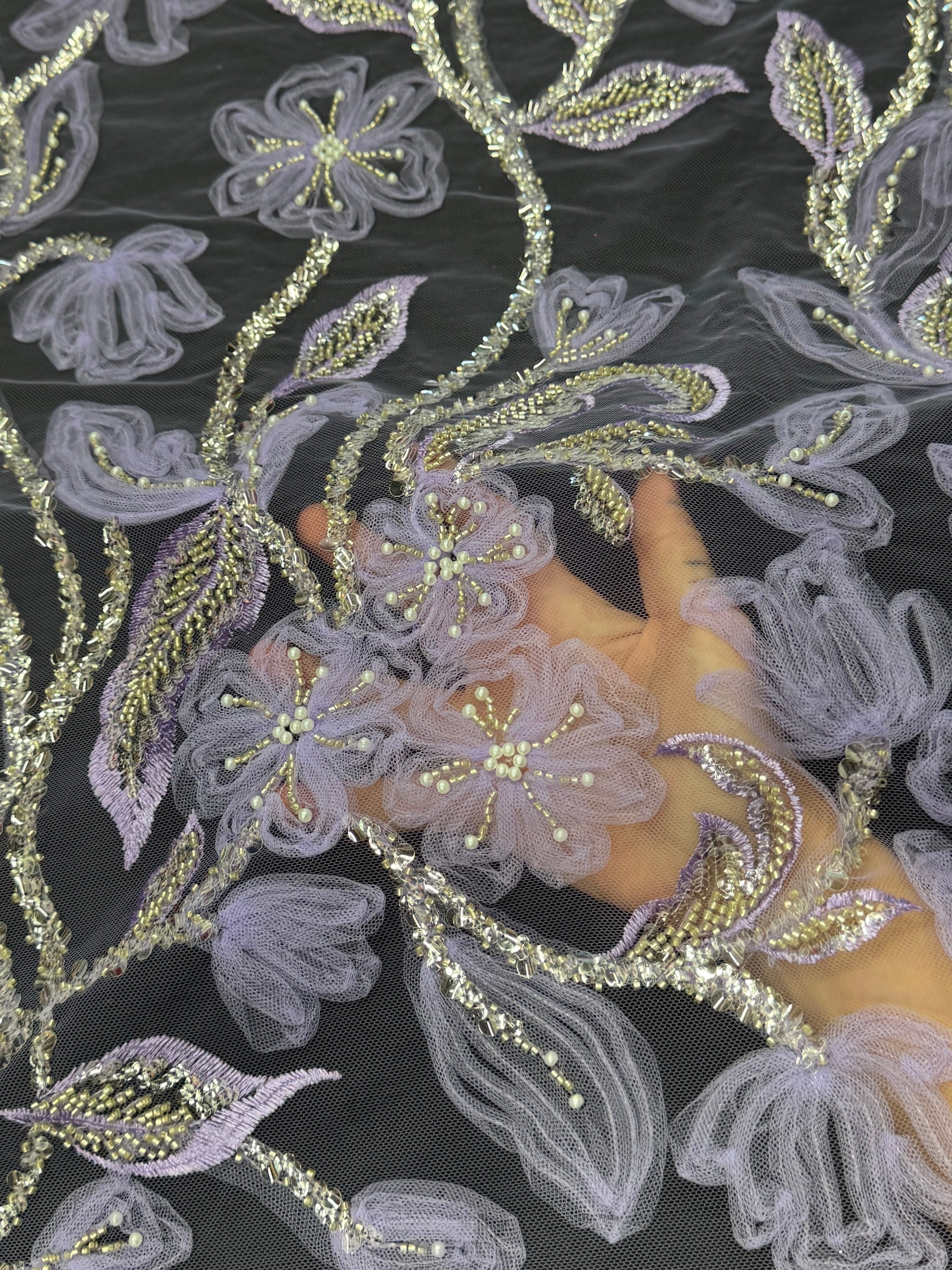 Lavender 3D Floral Tulle Beaded Lace Mesh, Fabric Store, Sewing Store, Cheap Fabric Store, Kiki Textiles, Textile by the Yard