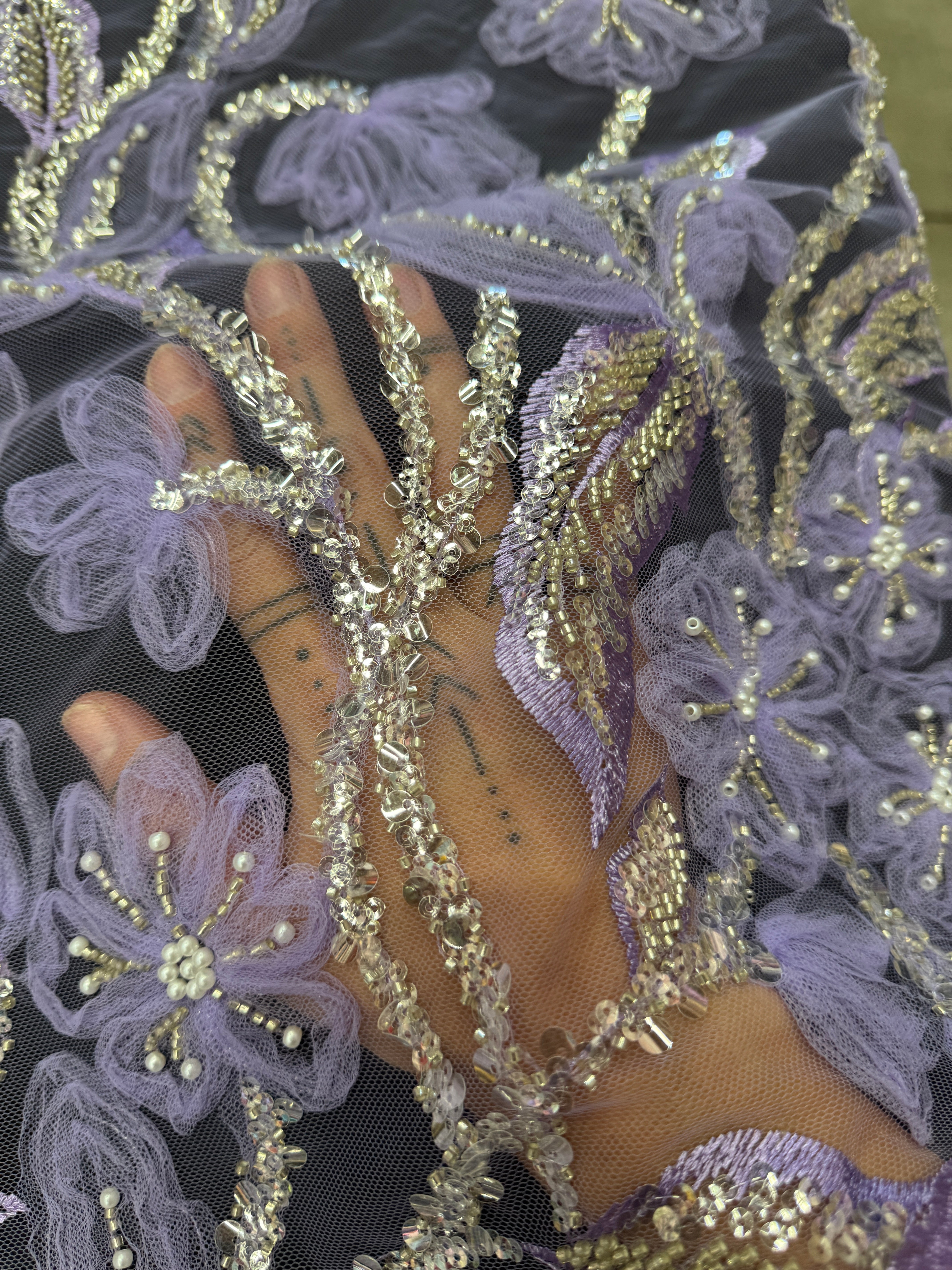 Lavender 3D Floral Tulle Beaded Lace Mesh, Fabric Store, Sewing Store, Cheap Fabric Store, Kiki Textiles, Textile by the Yard