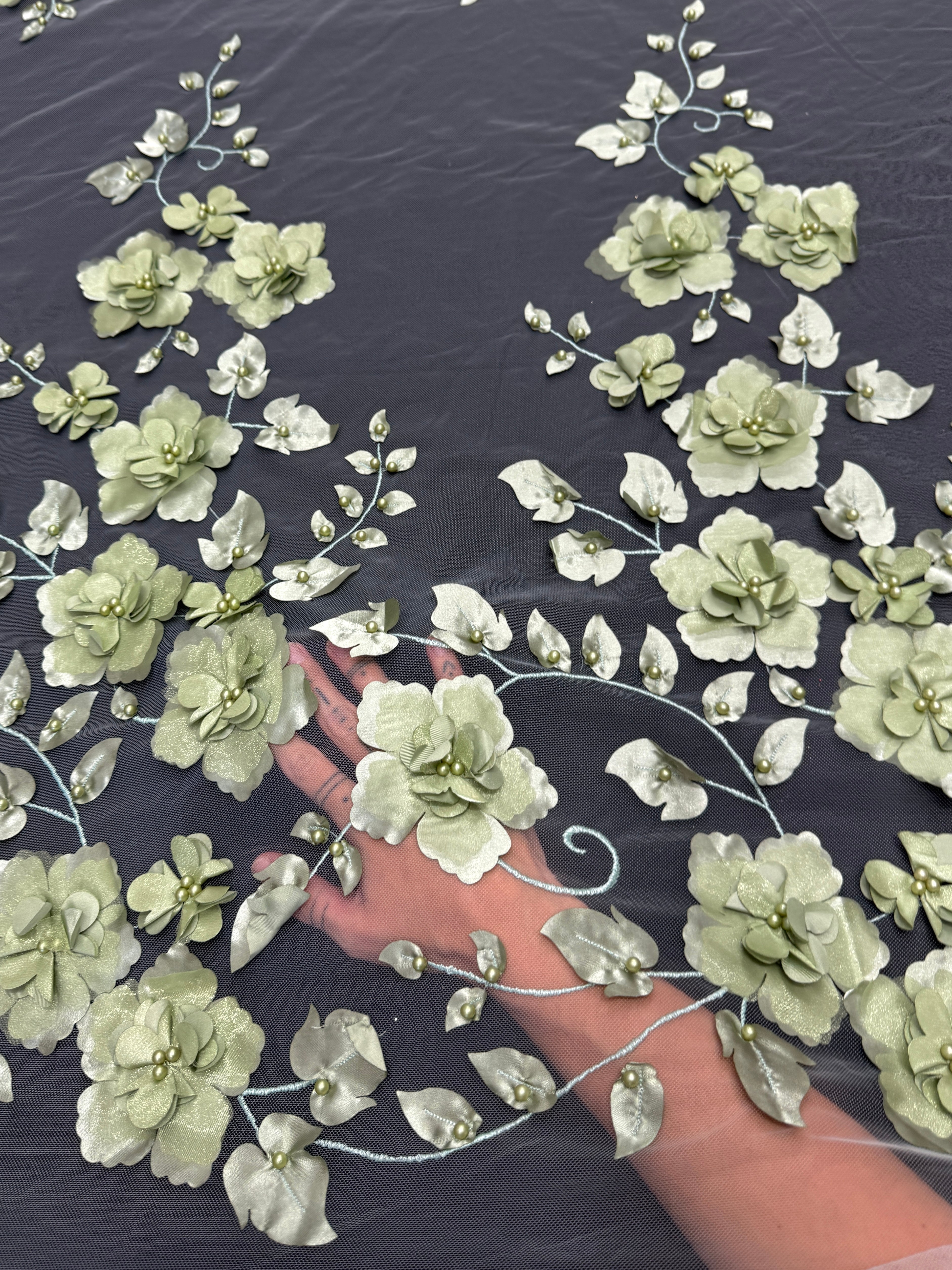 Pistachio 3D Flower Beaded Lace Mesh, Fabric Store, Sewing Store, Cheap Fabric Store, Kiki Textiles, Textile by the Yard