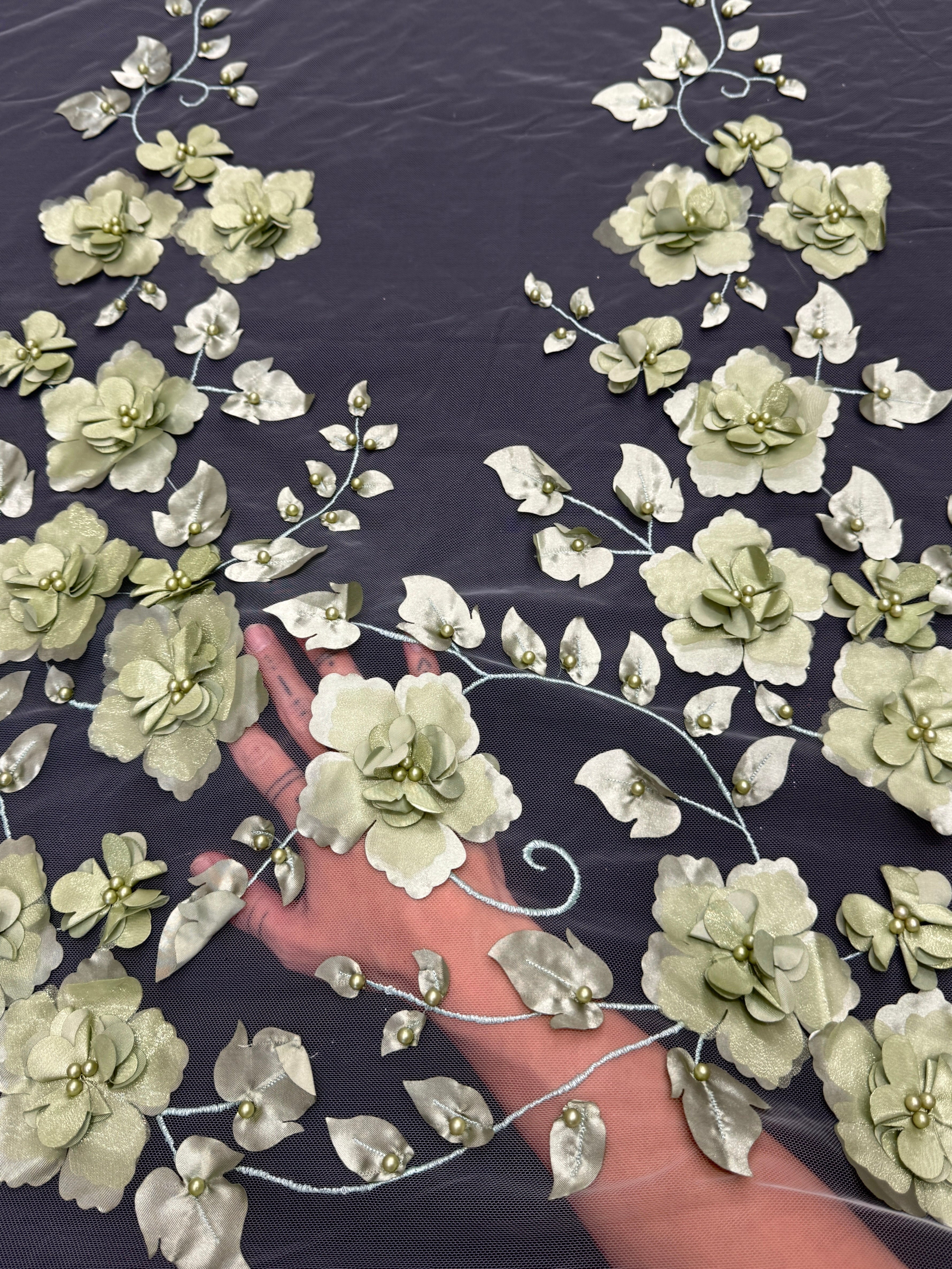 Pistachio 3D Flower Beaded Lace Mesh, Fabric Store, Sewing Store, Cheap Fabric Store, Kiki Textiles, Textile by the Yard