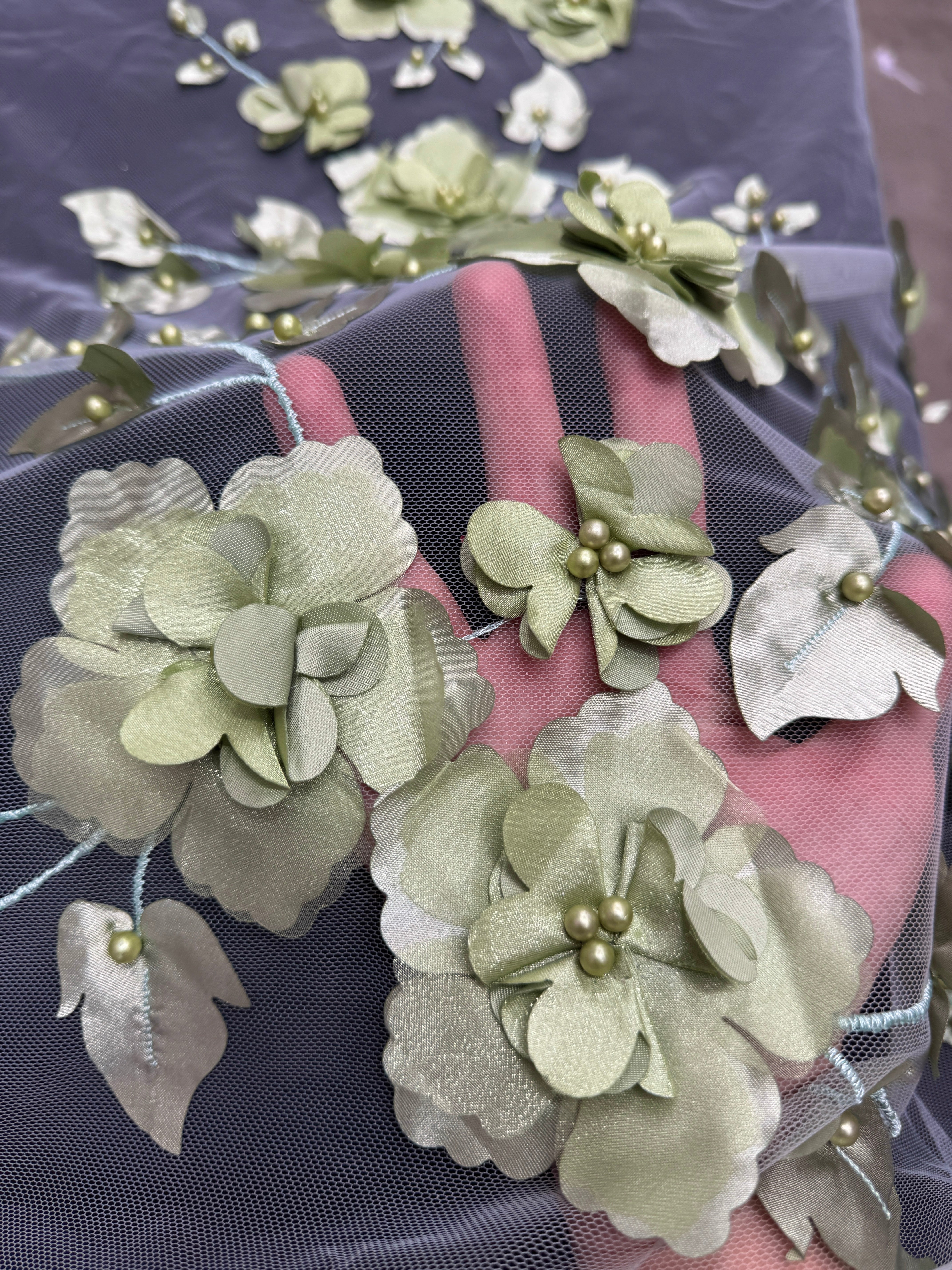 Pistachio 3D Flower Beaded Lace Mesh, Fabric Store, Sewing Store, Cheap Fabric Store, Kiki Textiles, Textile by the Yard