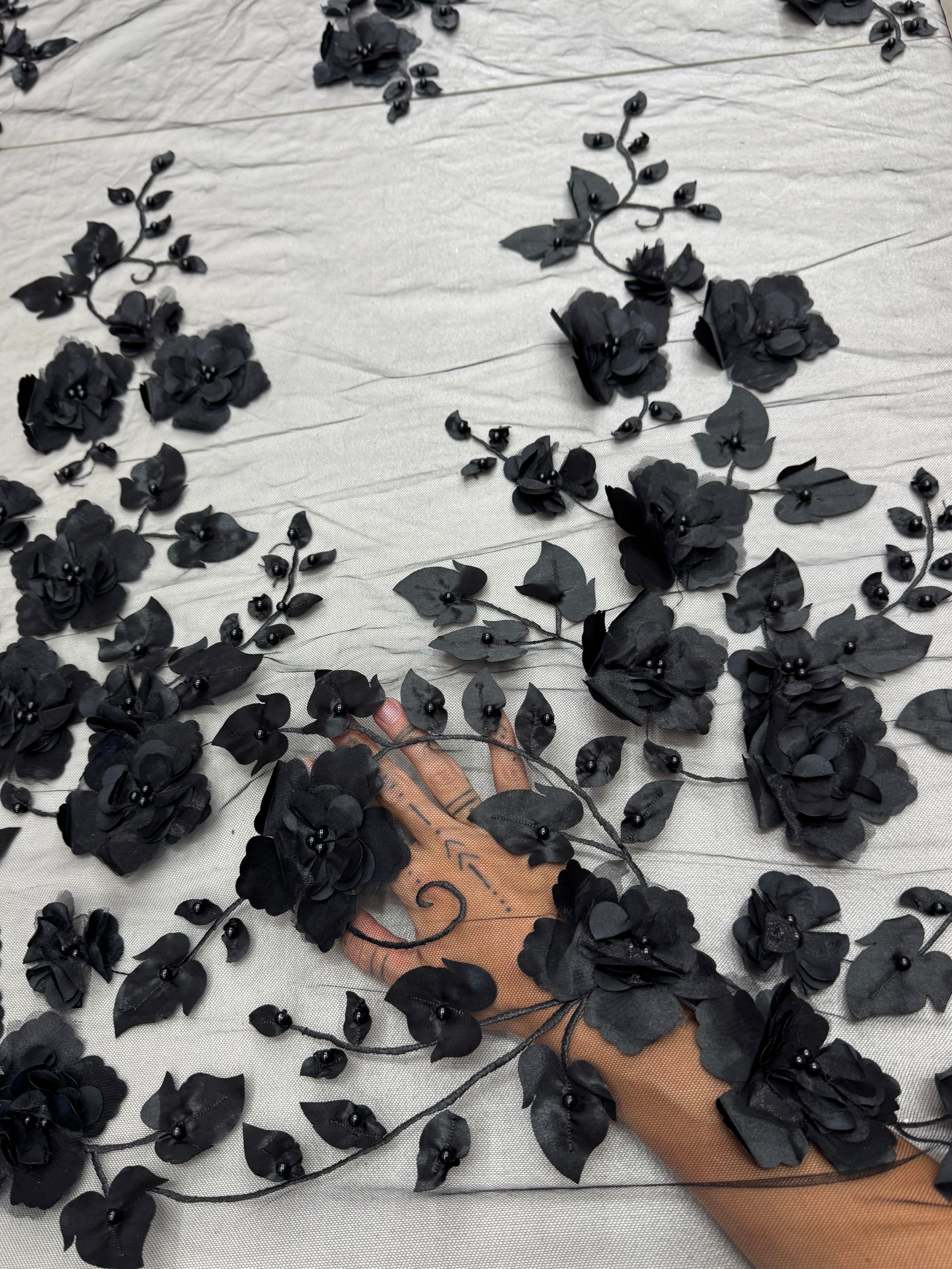 Black 3D Flower Beaded Lace Mesh, Fabric Store, Sewing Store, Cheap Fabric Store, Kiki Textiles, Textile by the Yard