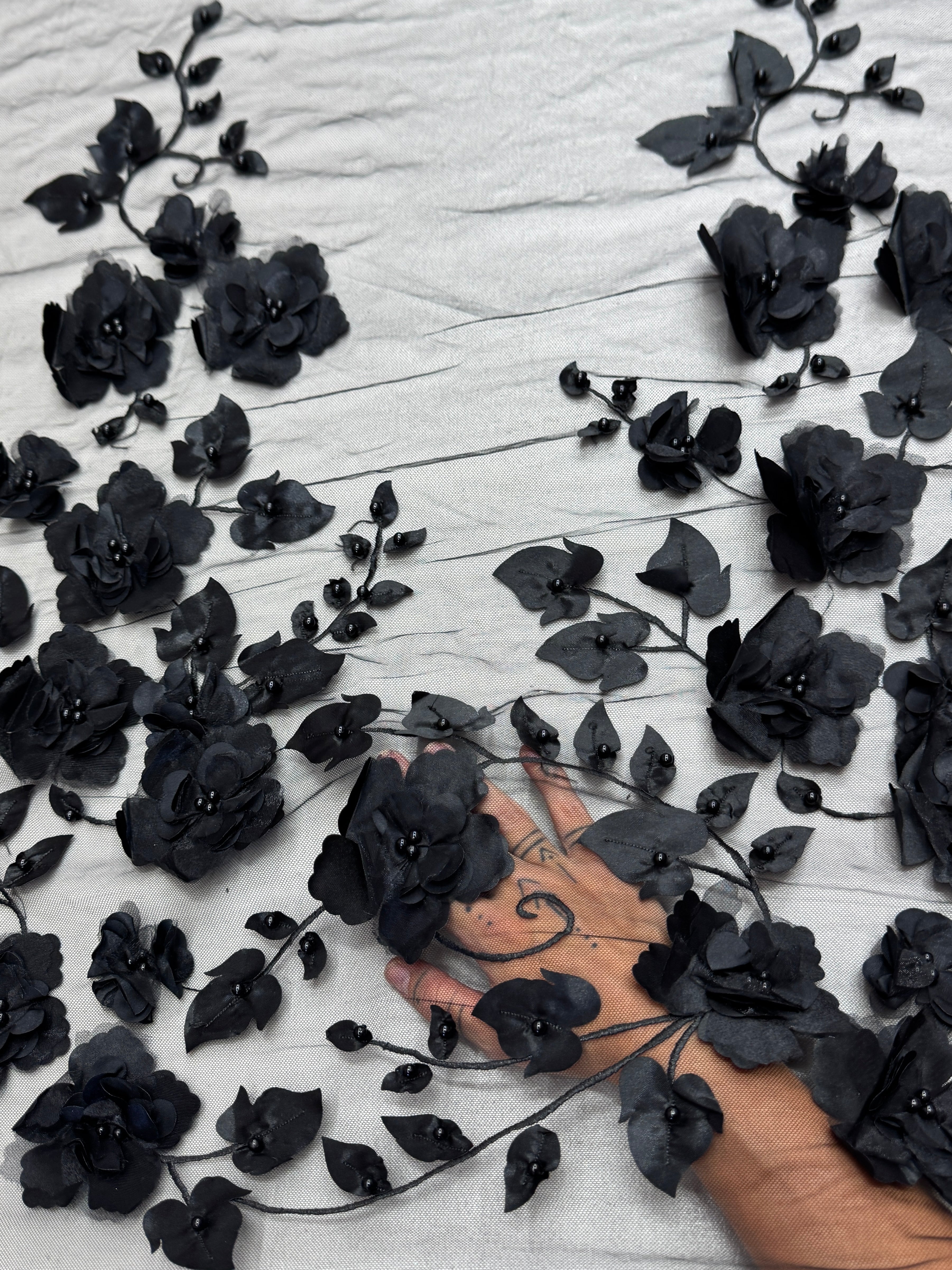 Black 3D Flower Beaded Lace Mesh, Fabric Store, Sewing Store, Cheap Fabric Store, Kiki Textiles, Textile by the Yard