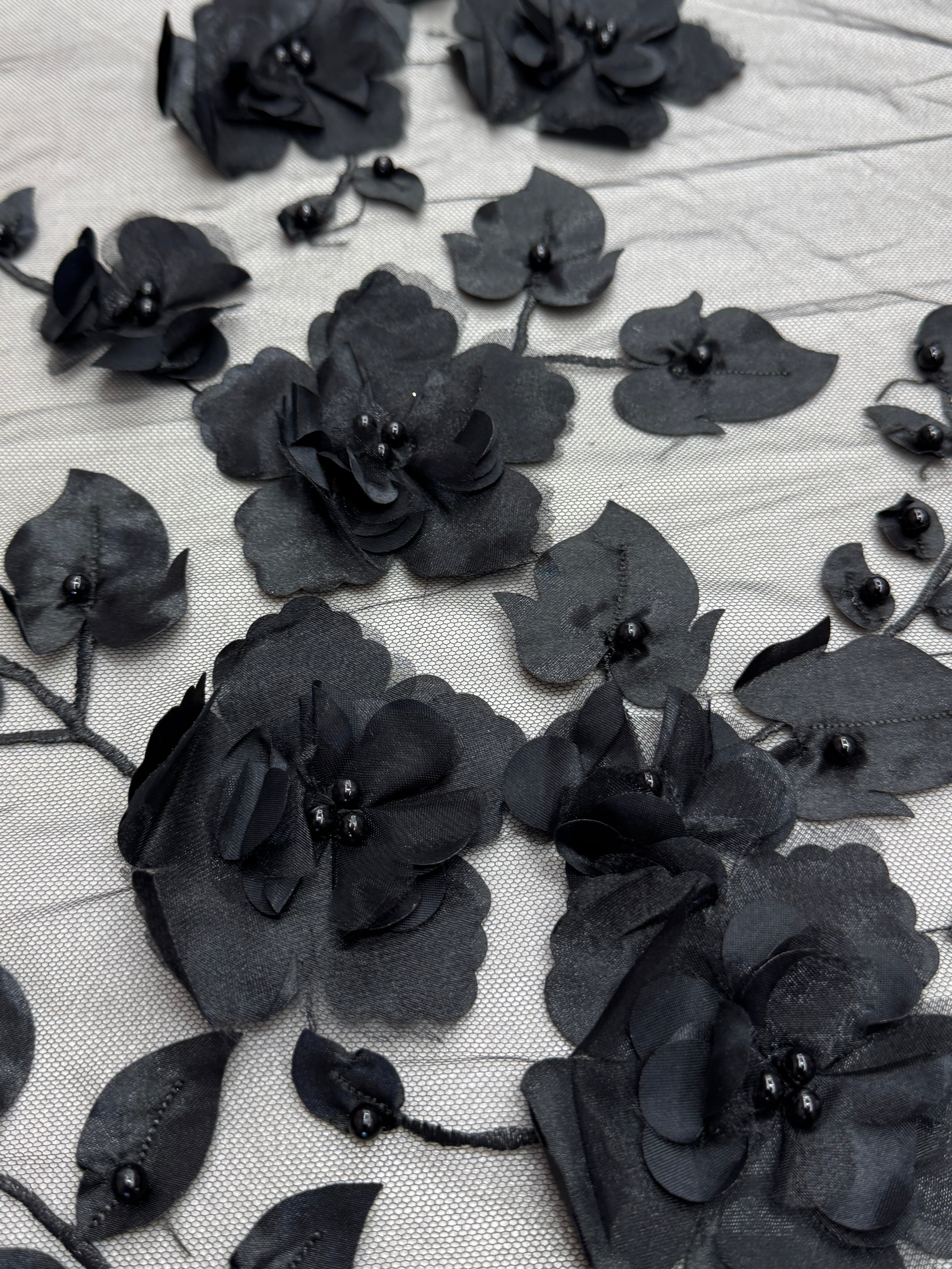 Black 3D Flower Beaded Lace Mesh, Fabric Store, Sewing Store, Cheap Fabric Store, Kiki Textiles, Textile by the Yard