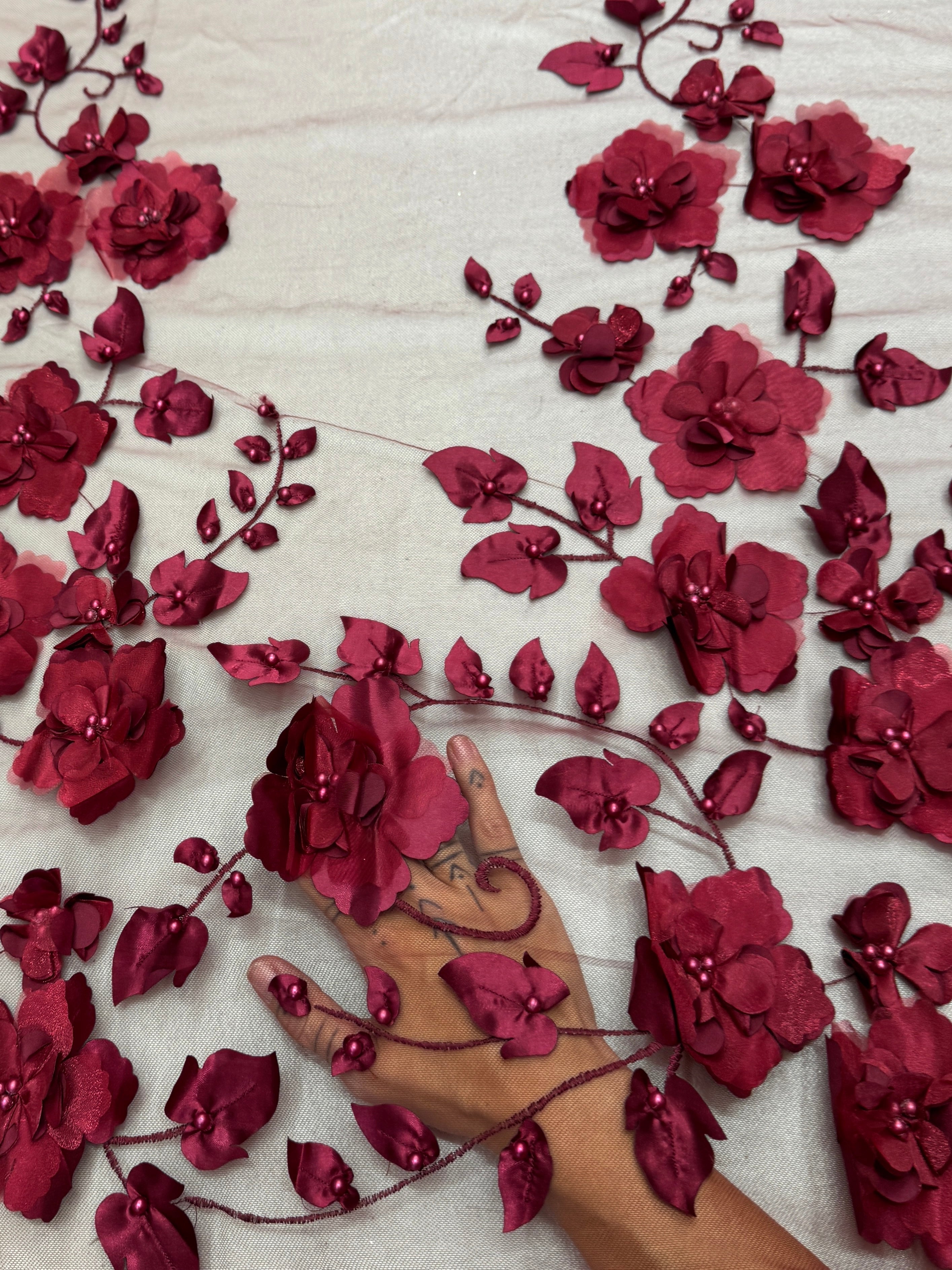 Burgundy 3D Flower Beaded Lace Mesh, Fabric Store, Sewing Store, Cheap Fabric Store, Kiki Textiles, Textile by the Yard
