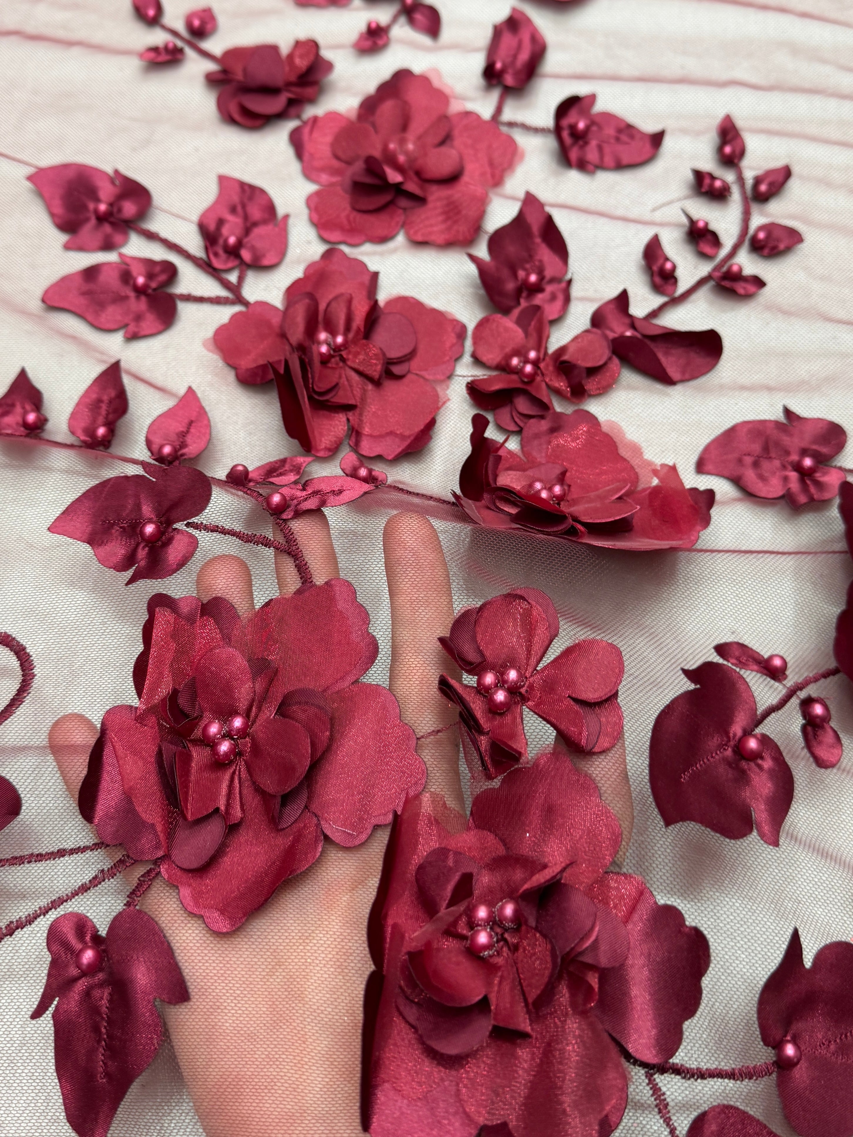 Burgundy 3D Flower Beaded Lace Mesh, Fabric Store, Sewing Store, Cheap Fabric Store, Kiki Textiles, Textile by the Yard