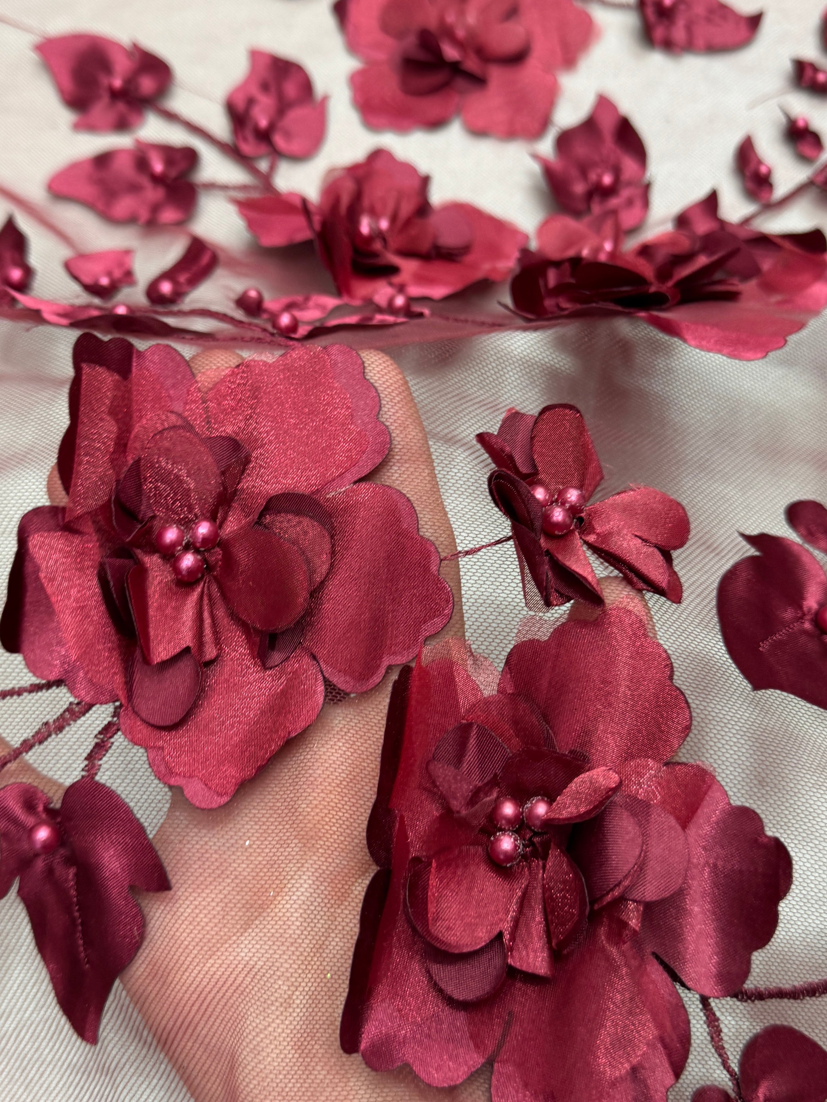 Burgundy 3D Flower Beaded Lace Mesh, Beaded Lace Mesh, Floral Beaded Lace, 3D Floral Lace, Flower Lace Fabric, Embroidered Lace Fabric, Embellished Lace Fabric, Luxury Lace Fabric