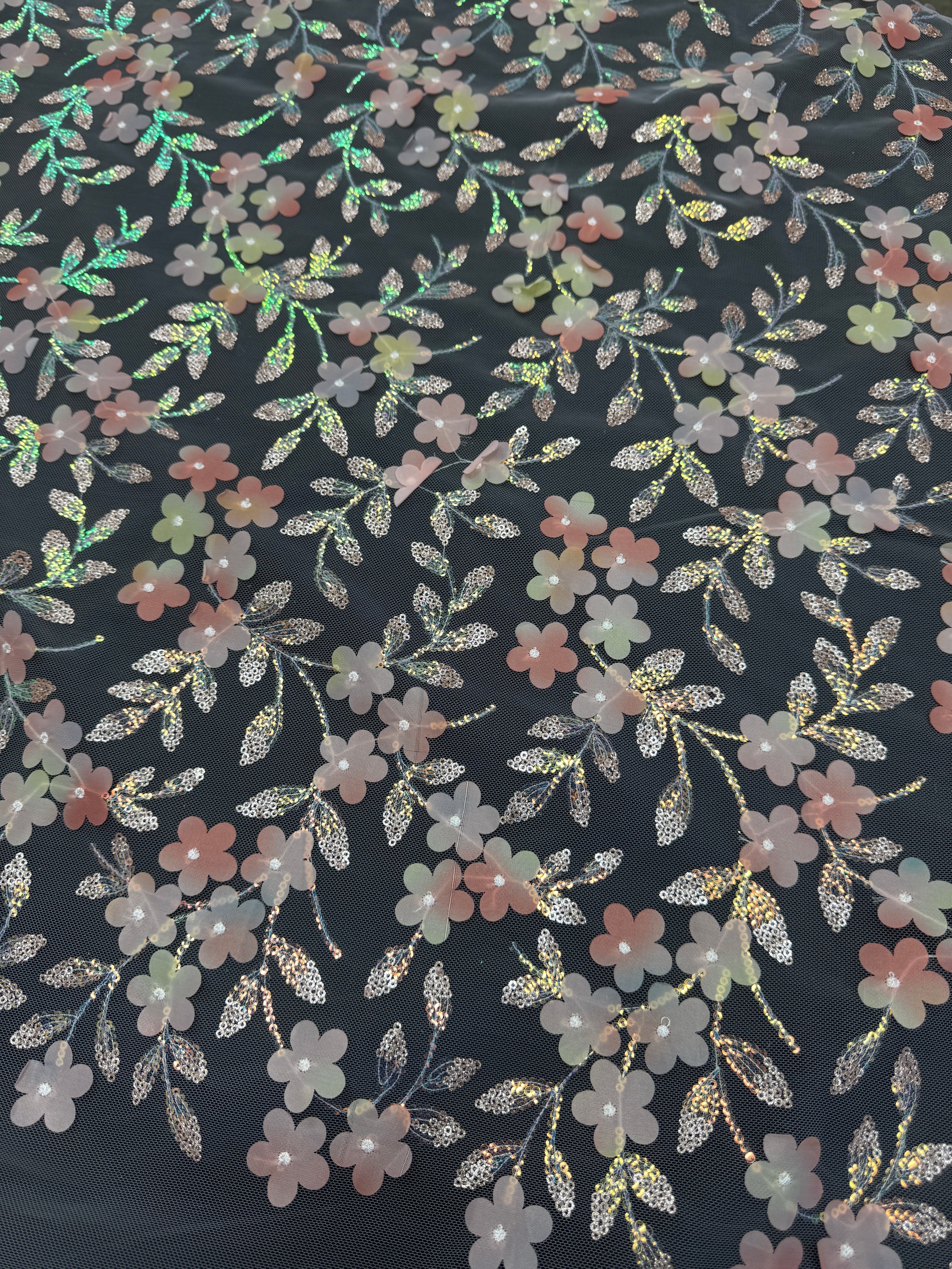 Peach Multicolor 3D Floral Embroidered Tulle, Multicolor Tulle Fabric, Embroidered Tulle Fabric, Floral Embroidered Tulle, 3D Embroidered Tulle, Multicolor Floral Tulle, Embellished Tulle Fabric