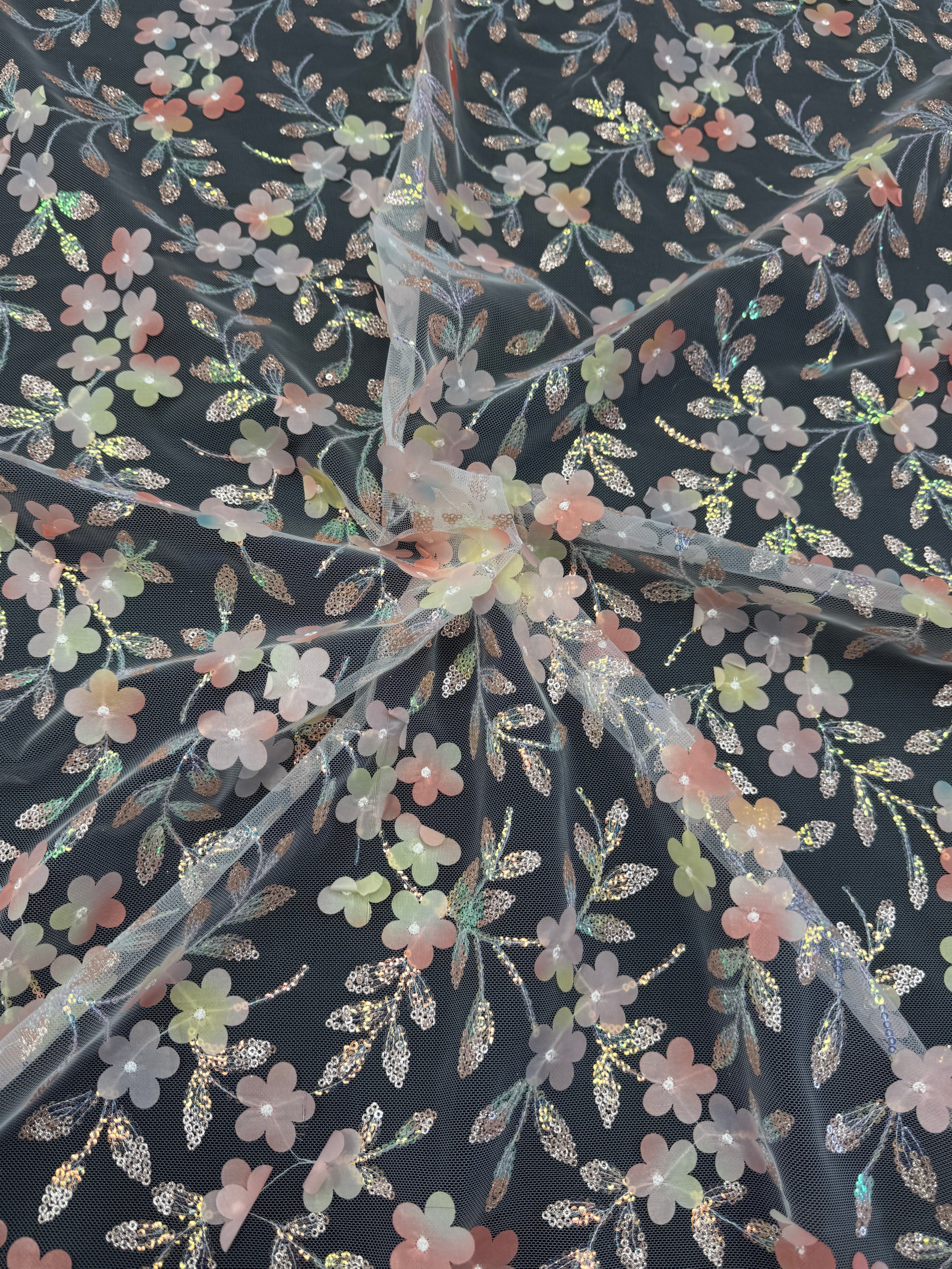 Peach Multicolor 3D Floral Embroidered Tulle, Multicolor Tulle Fabric, Embroidered Tulle Fabric, Floral Embroidered Tulle, 3D Embroidered Tulle, Multicolor Floral Tulle, Embellished Tulle Fabric