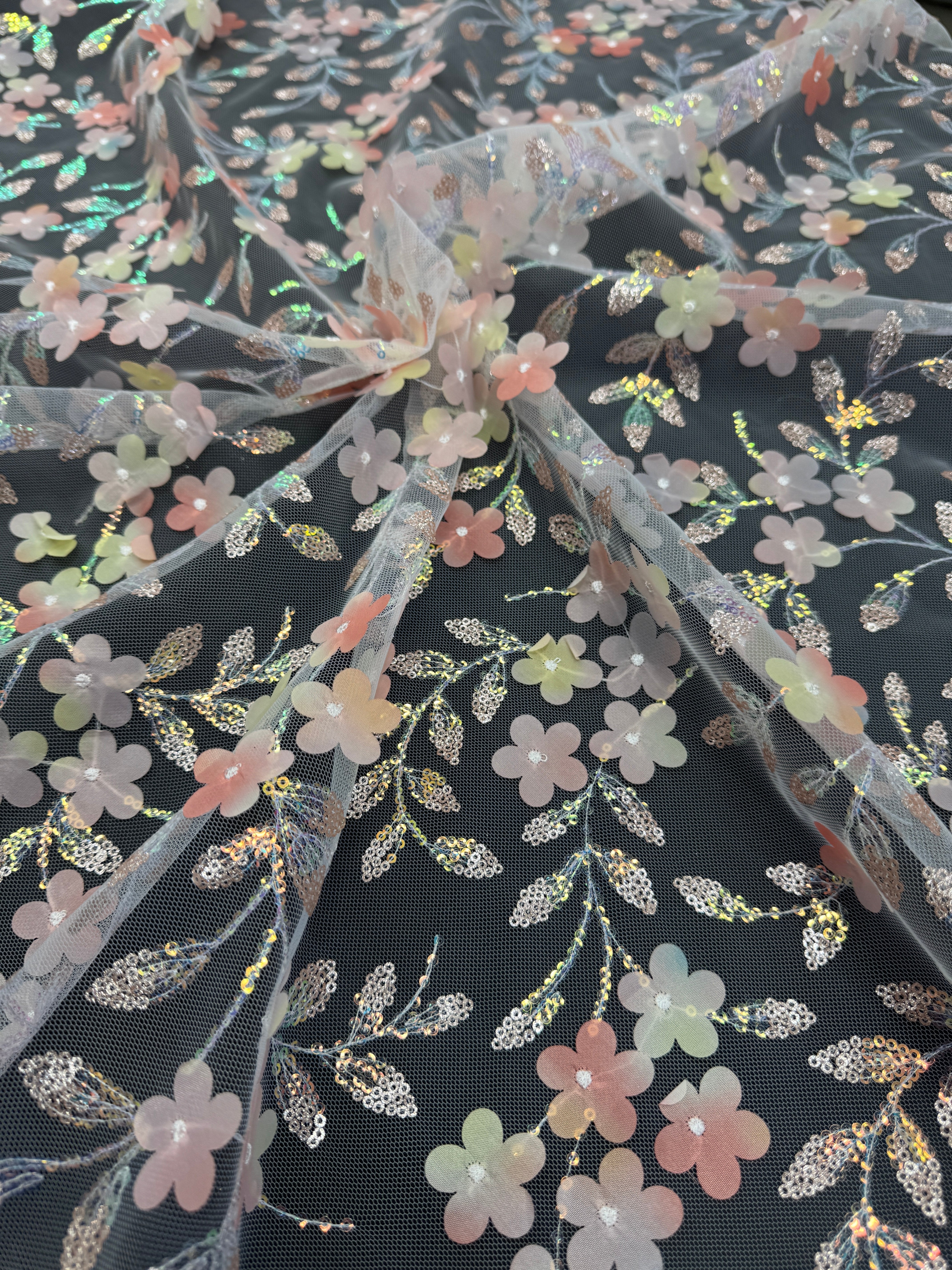 Peach Multicolor 3D Floral Embroidered Tulle, Fabric Store, Sewing Store, Cheap Fabric Store, Kiki Textiles, Textile by the Yard