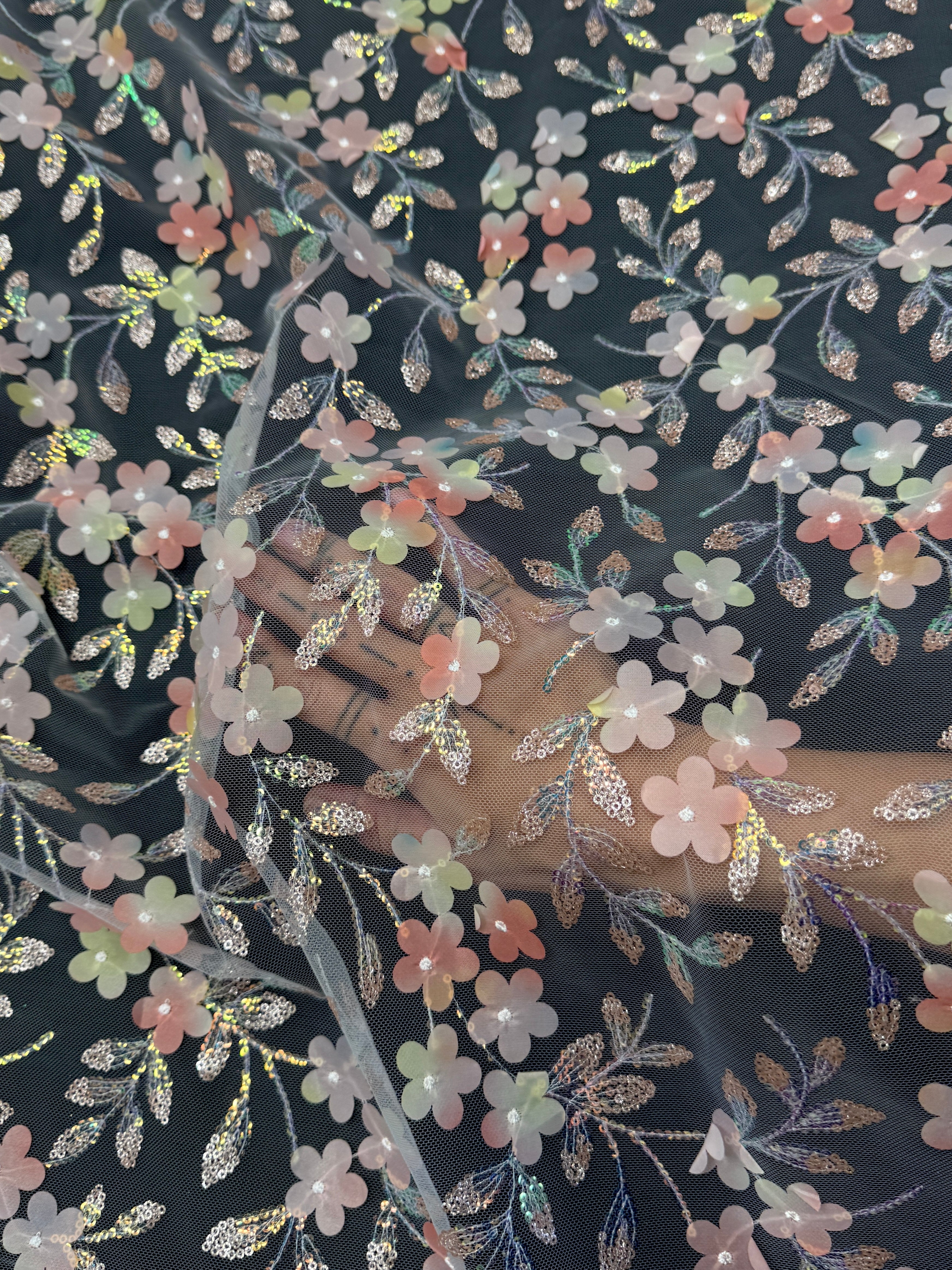 Peach Multicolor 3D Floral Embroidered Tulle, Fabric Store, Sewing Store, Cheap Fabric Store, Kiki Textiles, Textile by the Yard