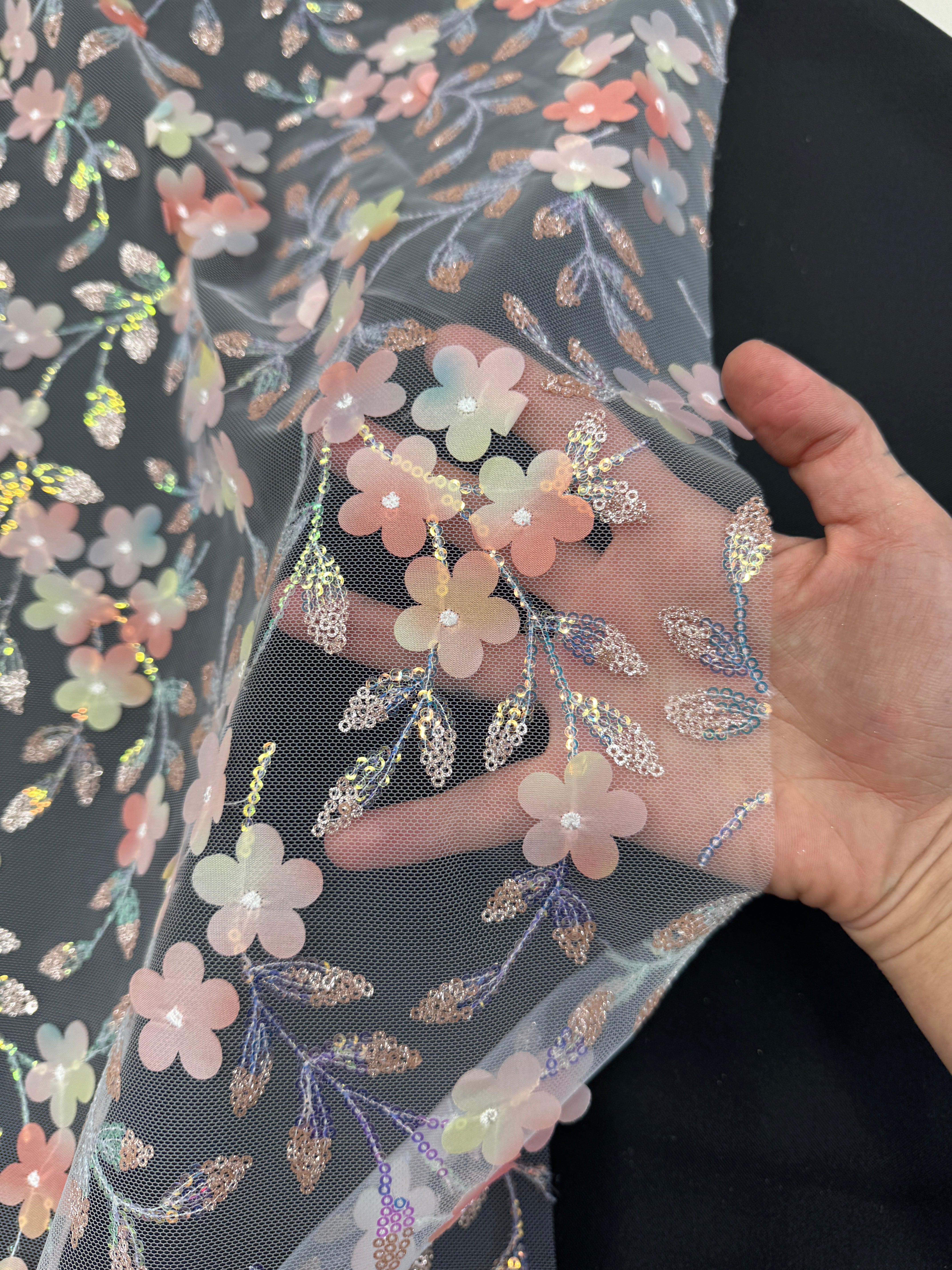 Peach Multicolor 3D Floral Embroidered Tulle, Fabric Store, Sewing Store, Cheap Fabric Store, Kiki Textiles, Textile by the Yard