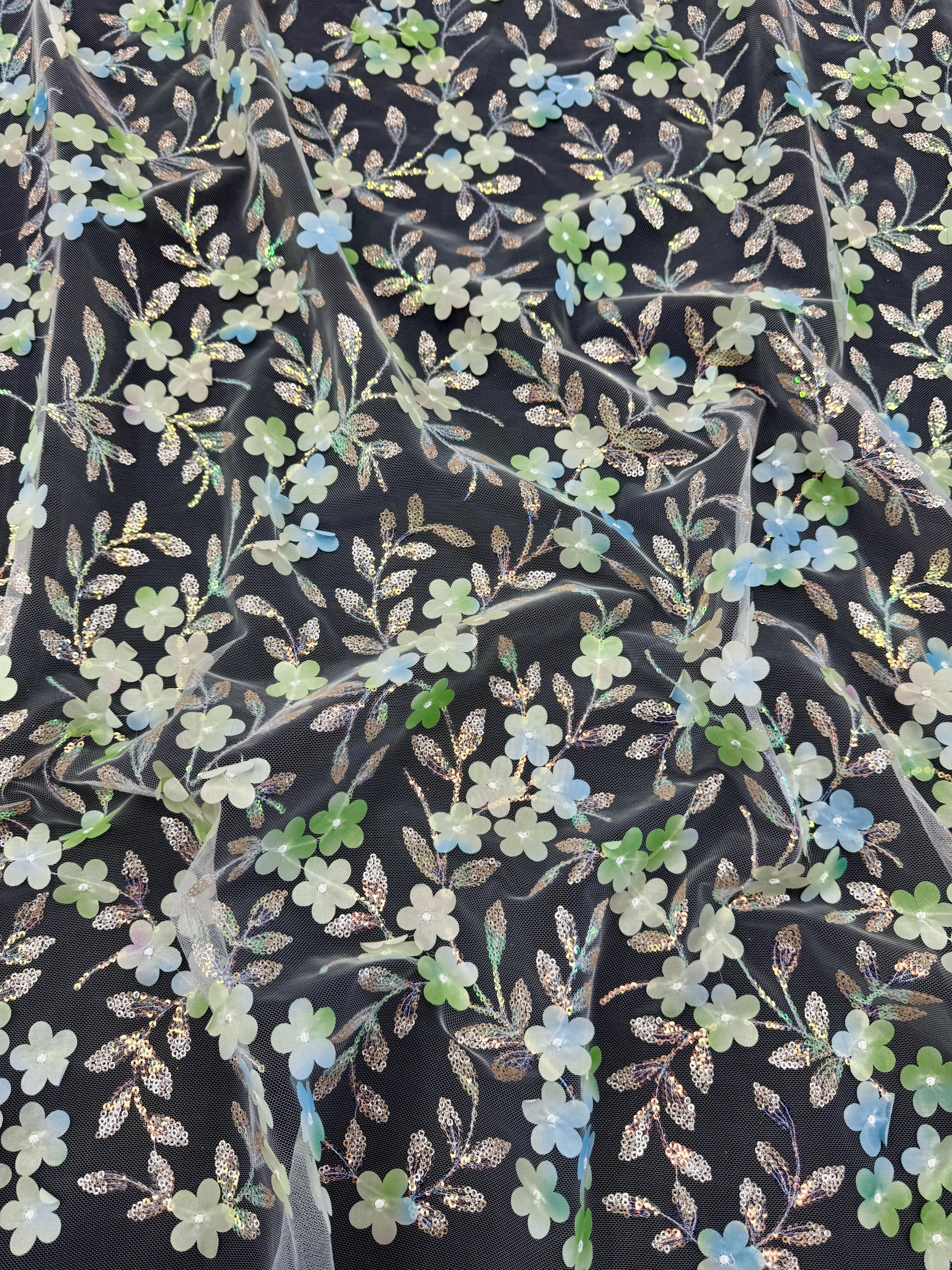 Green Multicolor 3D Floral Embroidered Tulle