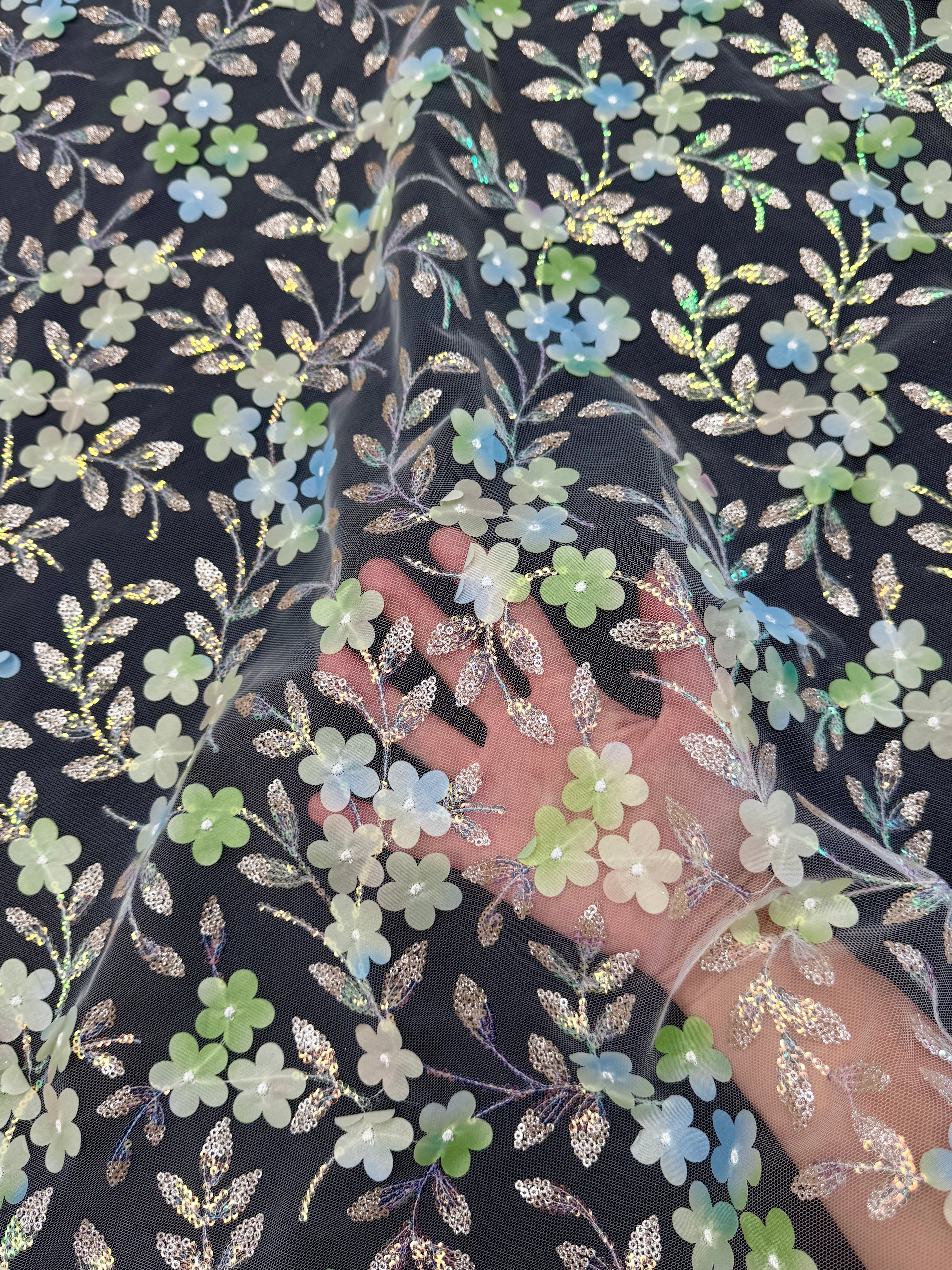 Green Multicolor 3D Floral Embroidered Tulle