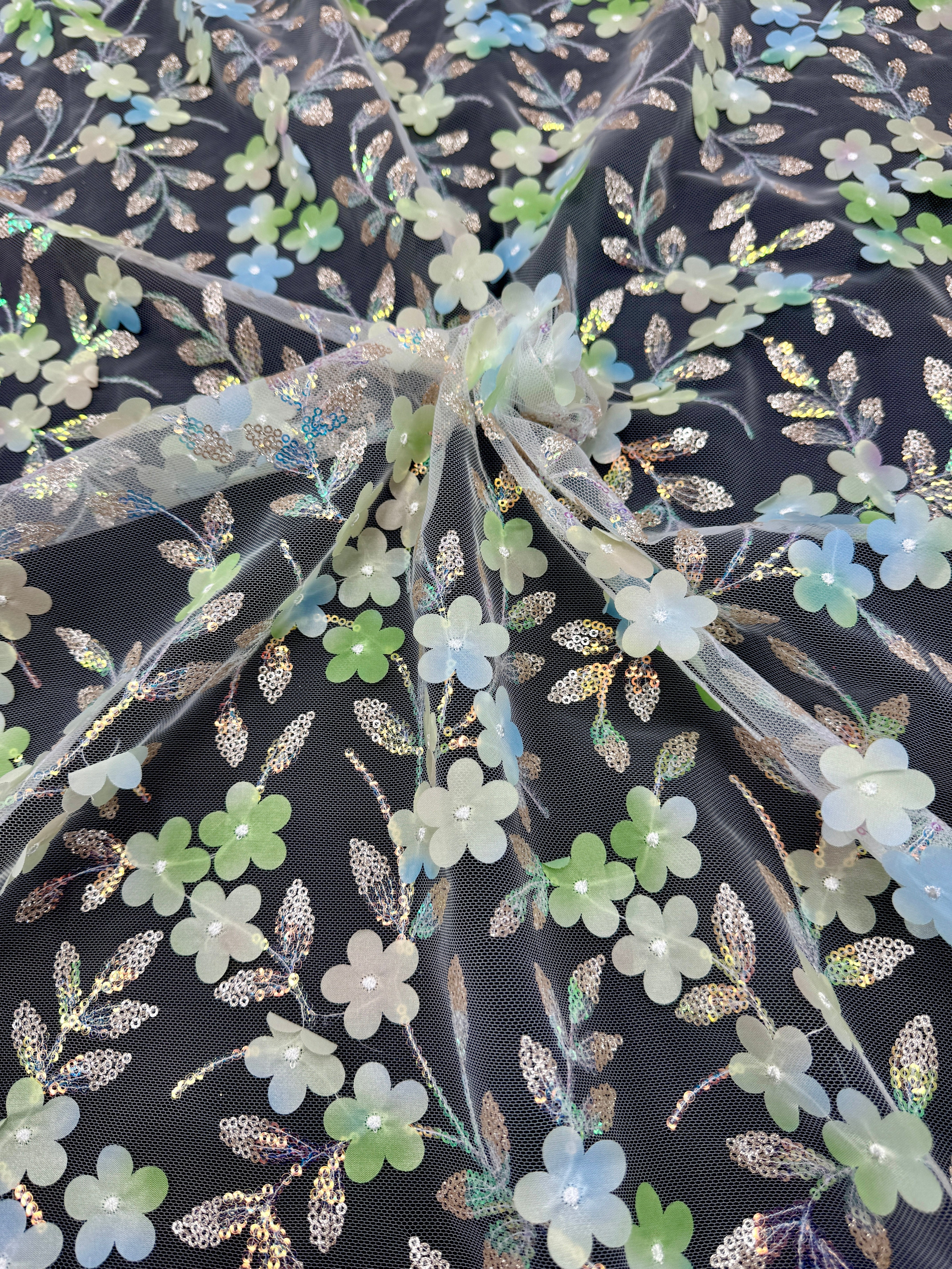 Green Multicolor 3D Floral Embroidered Tulle