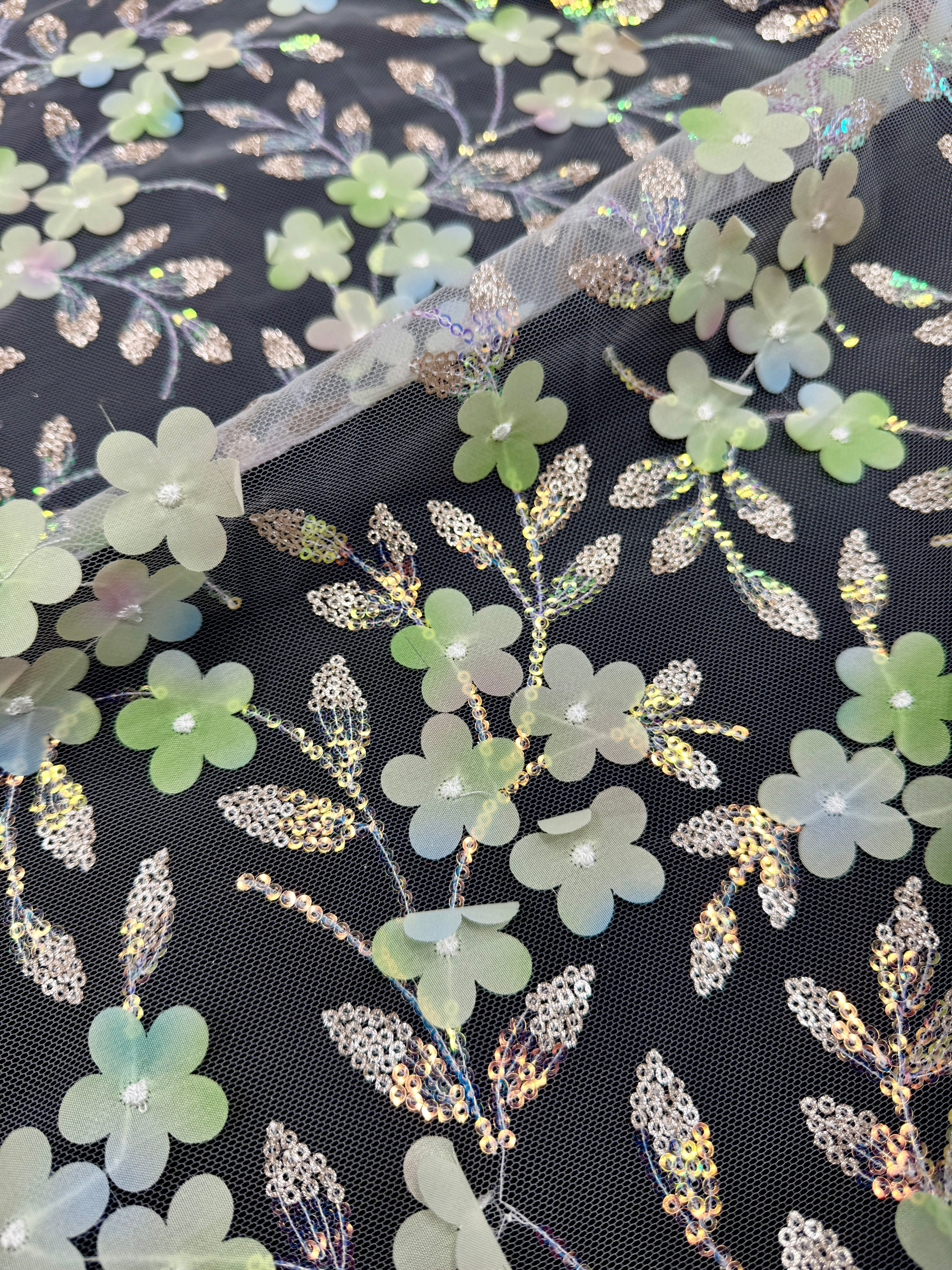 Green Multicolor 3D Floral Embroidered Tulle