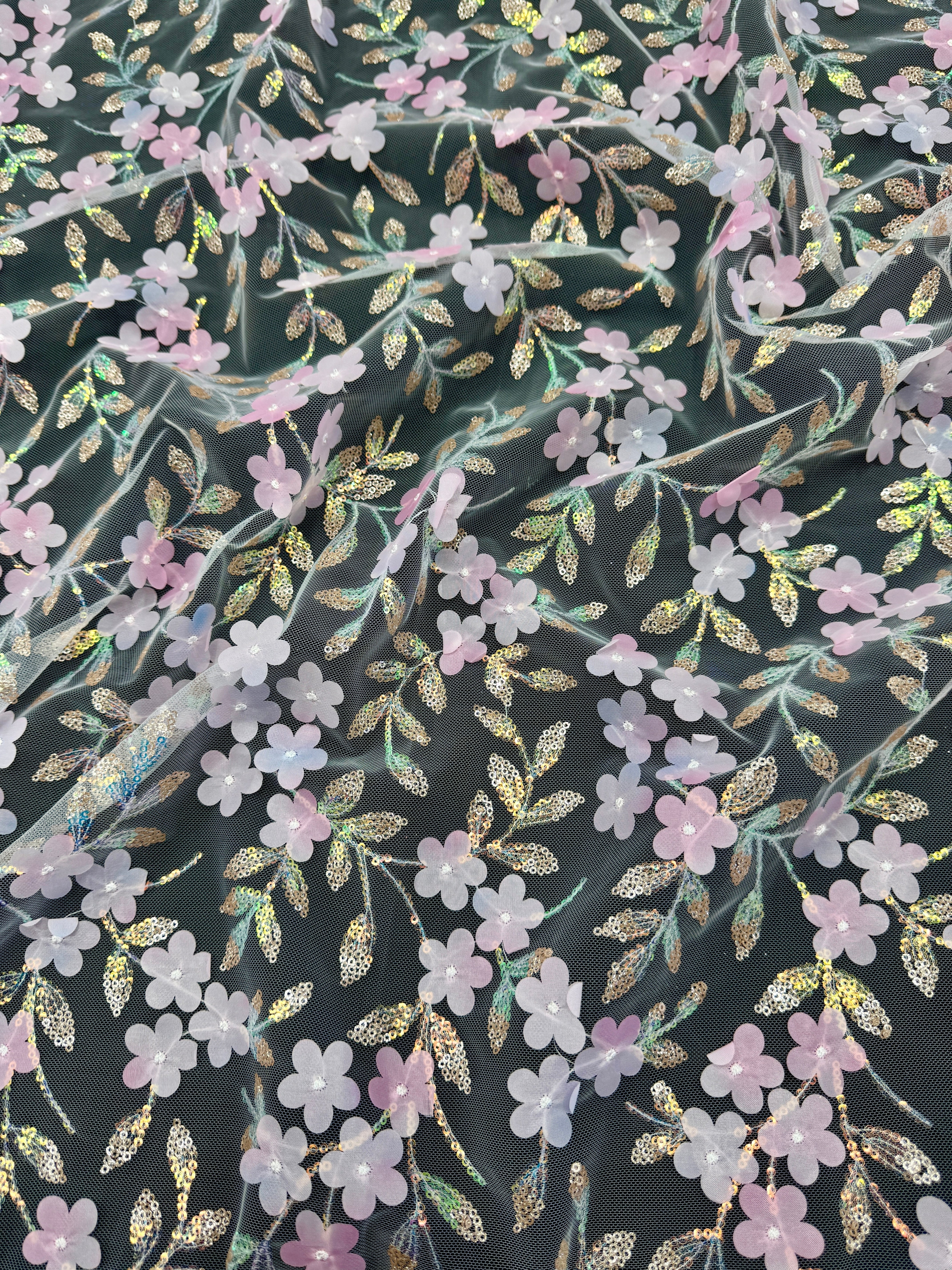 Baby Pink Multicolor 3D Floral Embroidered Tulle, Multicolor Tulle Fabric, Embroidered Tulle Fabric, Floral Embroidered Tulle, 3D Embroidered Tulle, Multicolor Floral Tulle, Embellished Tulle Fabric