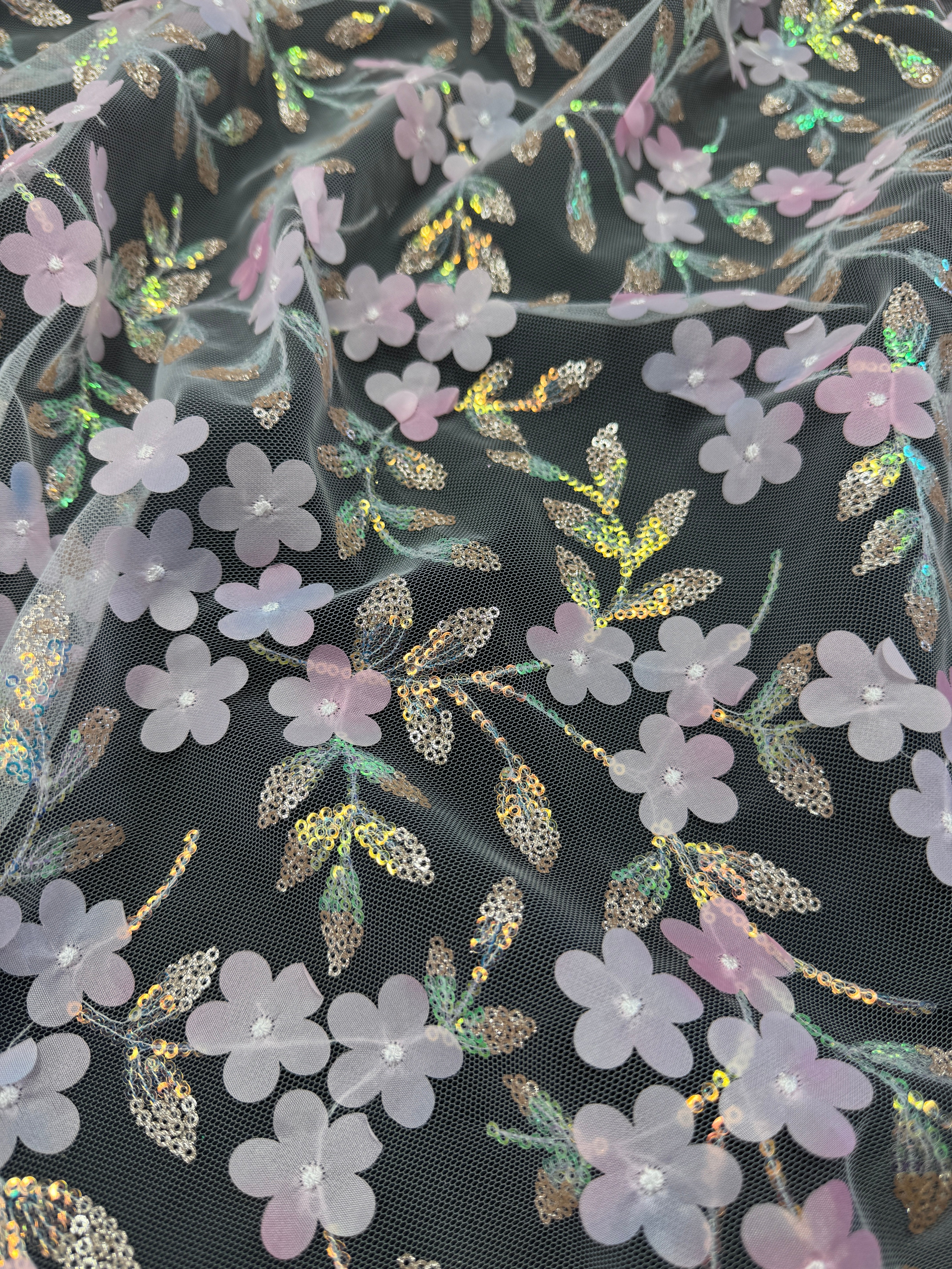 Baby Pink Multicolor 3D Floral Embroidered Tulle, Multicolor Tulle Fabric, Embroidered Tulle Fabric, Floral Embroidered Tulle, 3D Embroidered Tulle, Multicolor Floral Tulle, Embellished Tulle Fabric