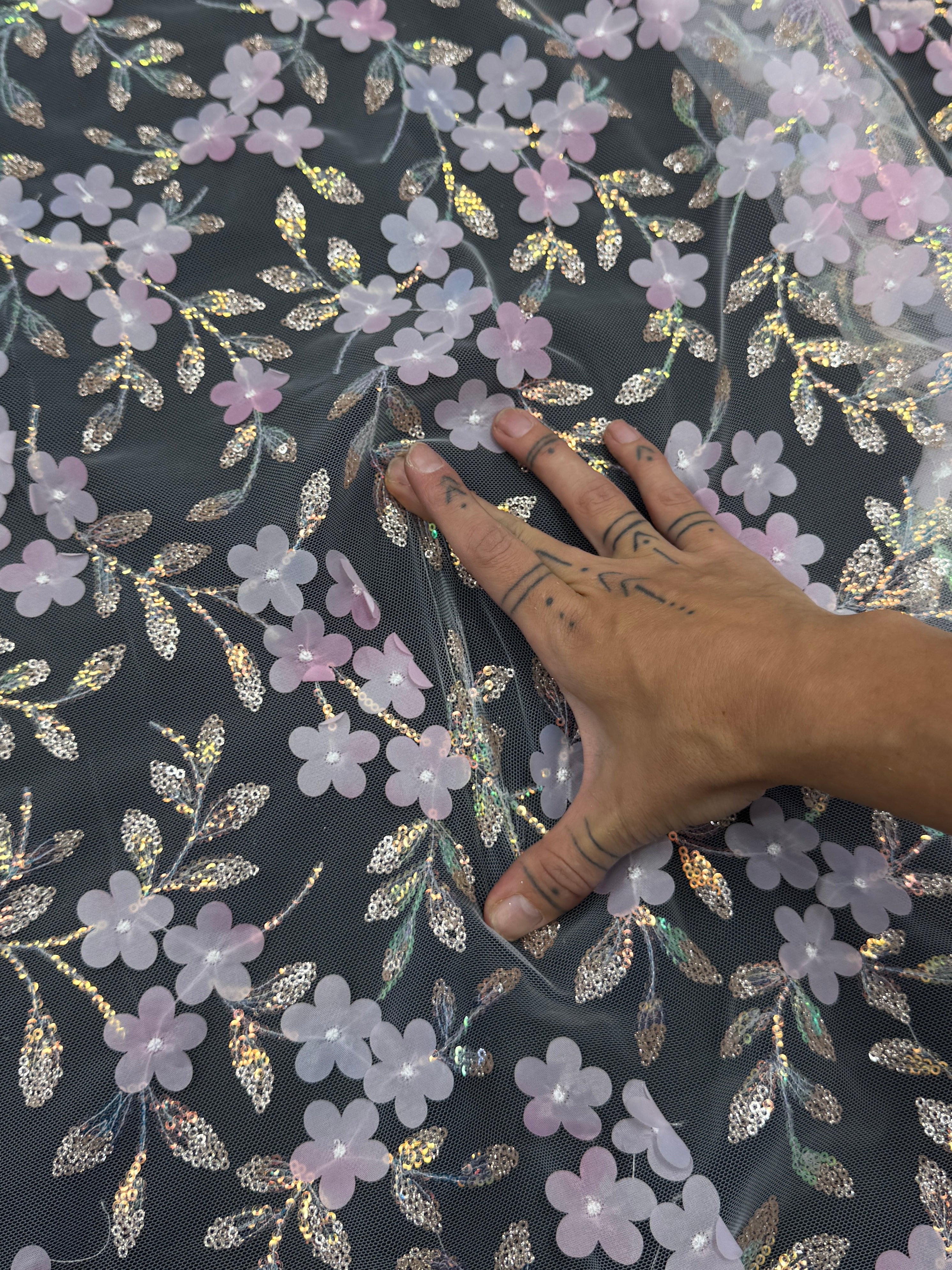 Baby Pink Multicolor 3D Floral Embroidered Tulle, Fabric Store, Sewing Store, Cheap Fabric Store, Kiki Textiles, Textile by the Yard