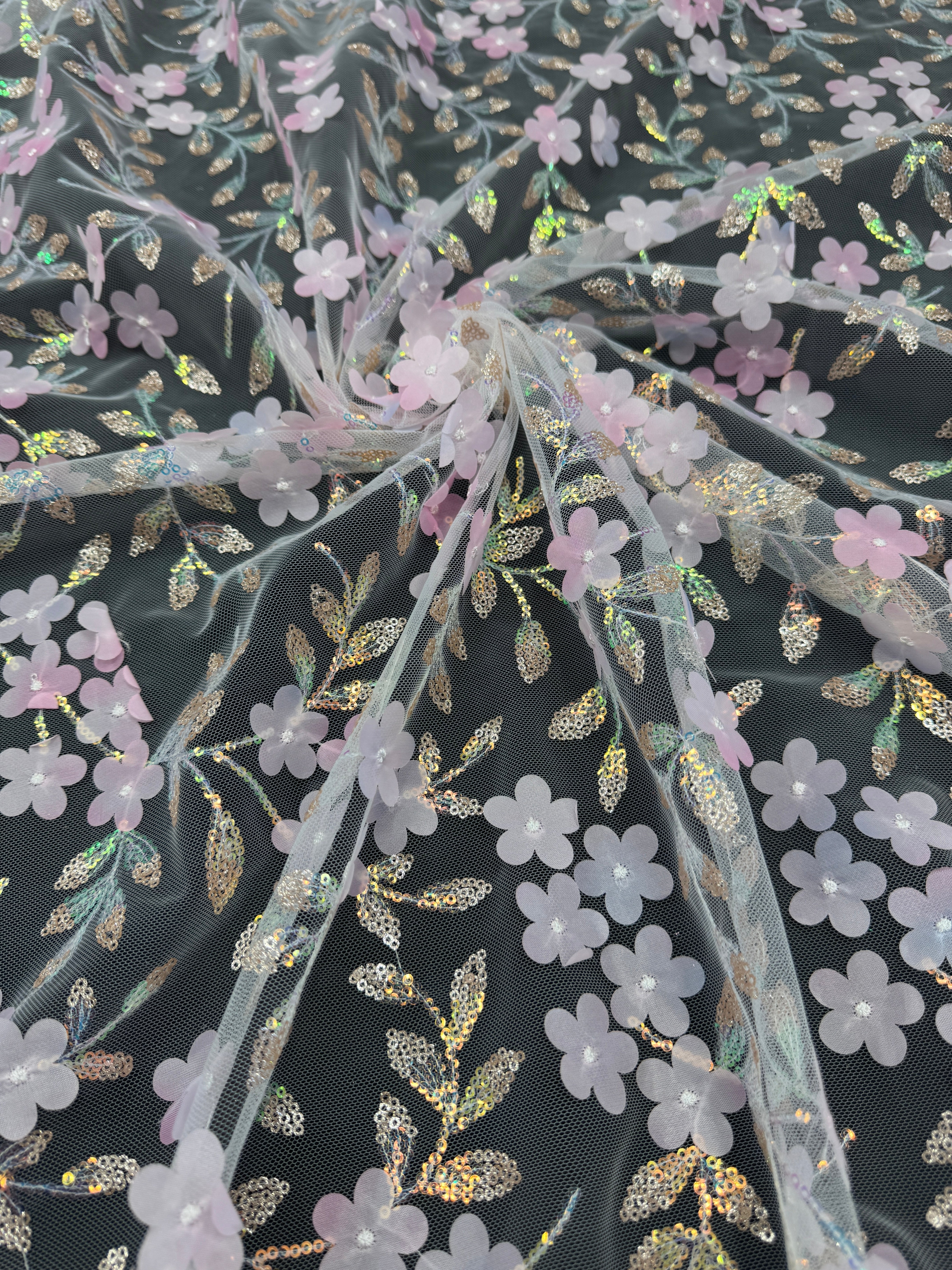 Baby Pink Multicolor 3D Floral Embroidered Tulle, Multicolor Tulle Fabric, Embroidered Tulle Fabric, Floral Embroidered Tulle, 3D Embroidered Tulle, Multicolor Floral Tulle, Embellished Tulle Fabric