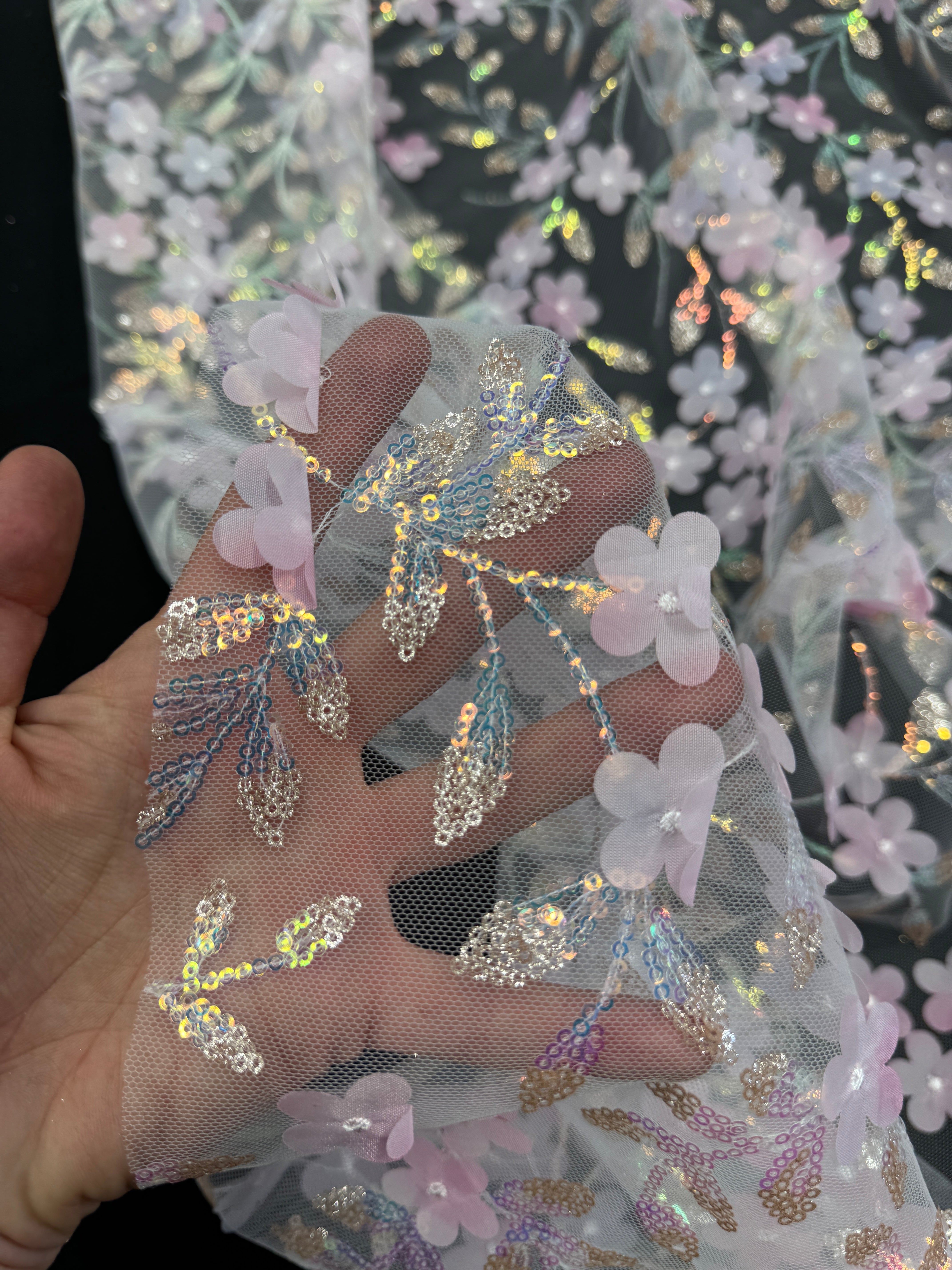 Baby Pink Multicolor 3D Floral Embroidered Tulle, Fabric Store, Sewing Store, Cheap Fabric Store, Kiki Textiles, Textile by the Yard