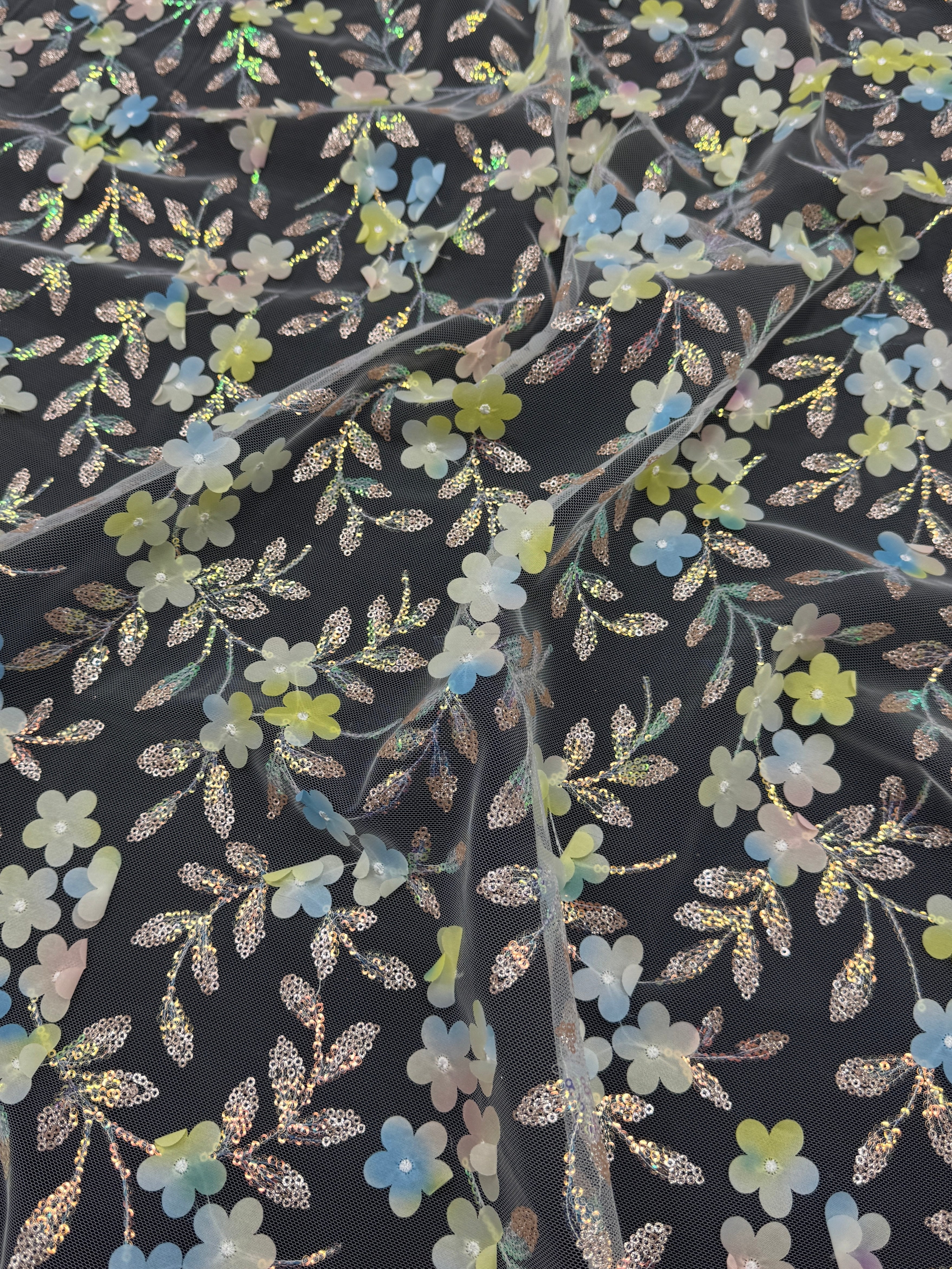 Blue Yellow Multicolor 3D Floral Embroidered Tulle, Multicolor Tulle Fabric, Embroidered Tulle Fabric, Floral Embroidered Tulle, 3D Embroidered Tulle, Multicolor Floral Tulle, Embellished Tulle Fabric