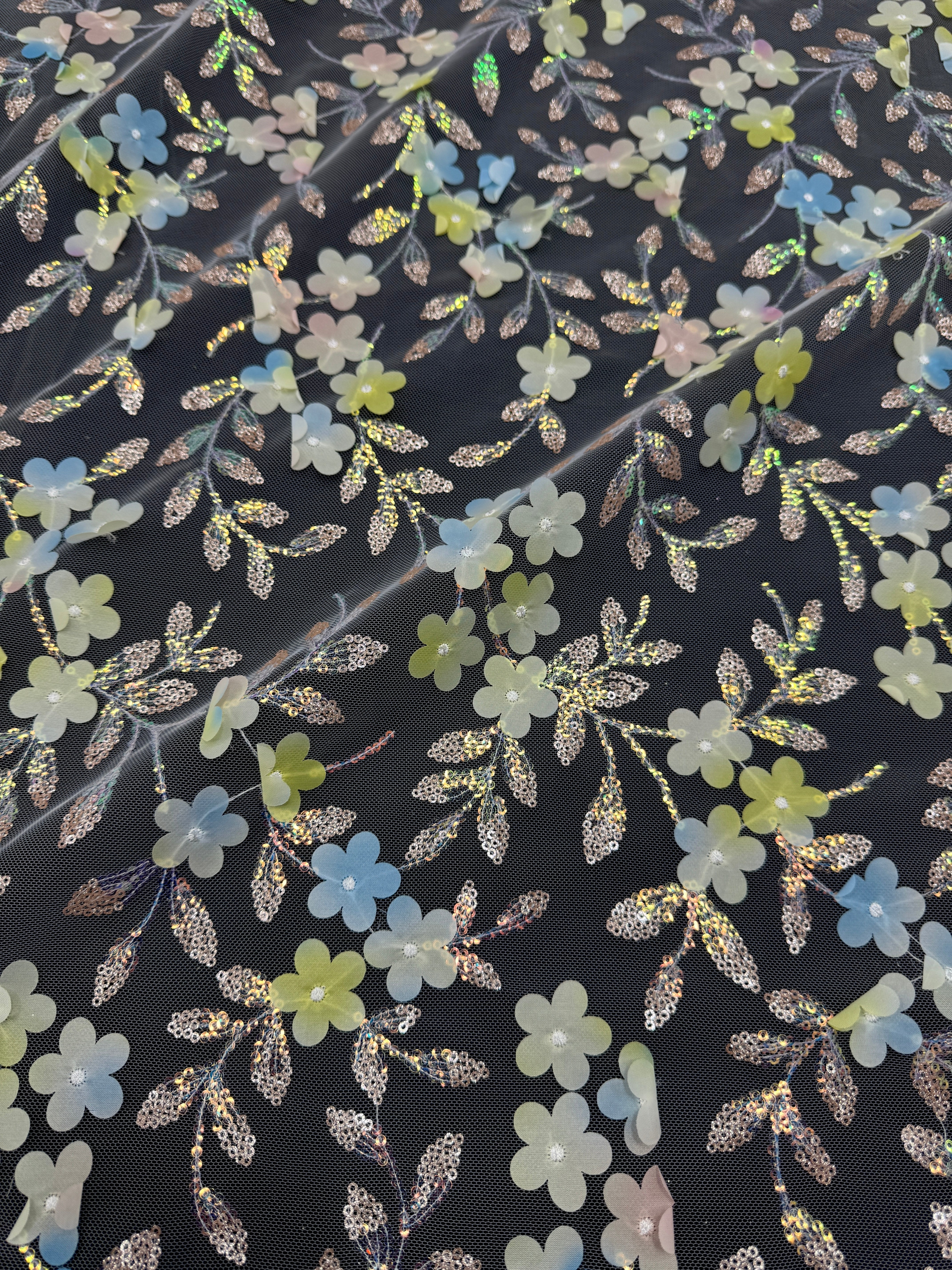 Blue Yellow Multicolor 3D Floral Embroidered Tulle, Multicolor Tulle Fabric, Embroidered Tulle Fabric, Floral Embroidered Tulle, 3D Embroidered Tulle, Multicolor Floral Tulle, Embellished Tulle Fabric