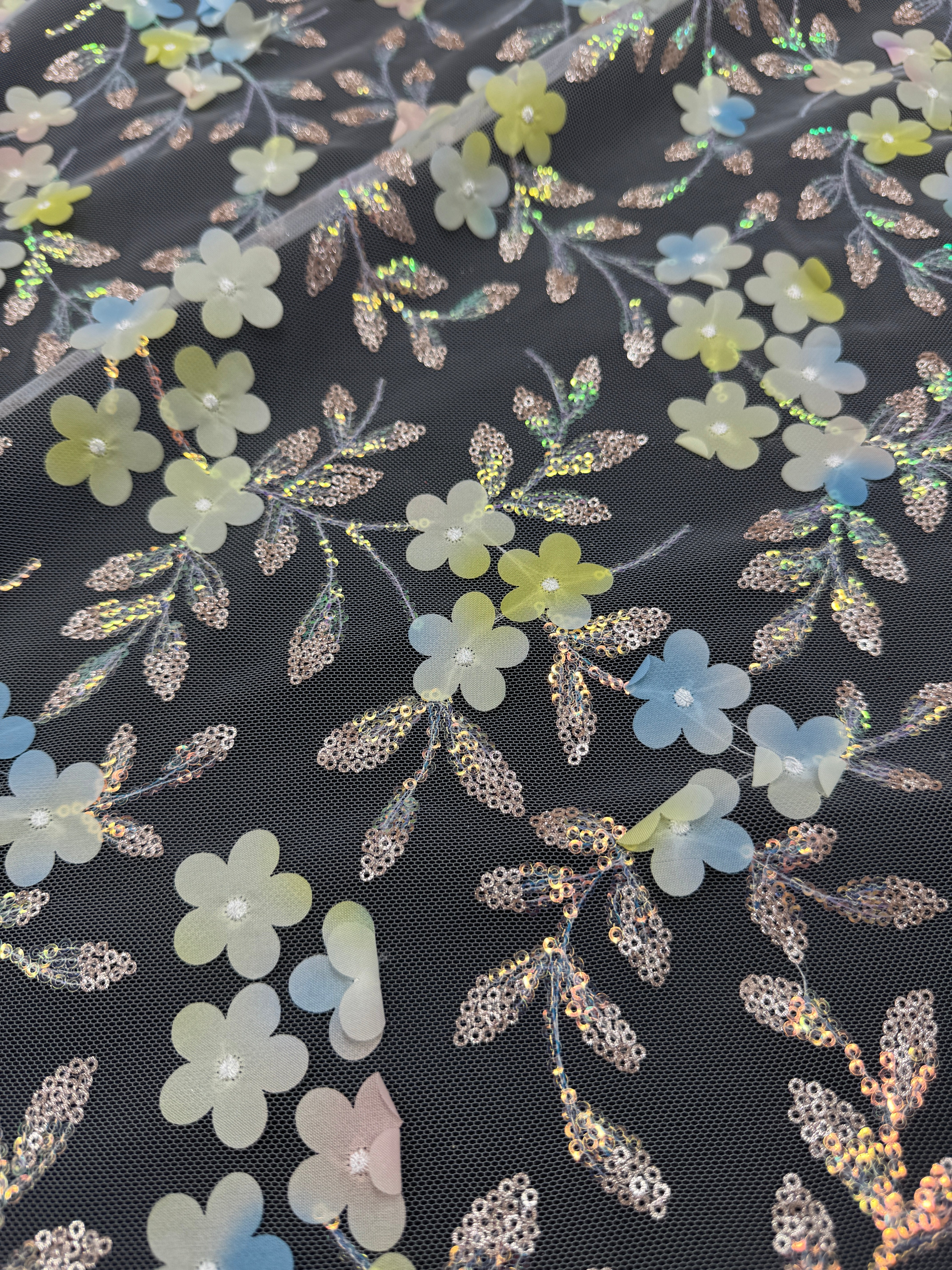 Blue Yellow Multicolor 3D Floral Embroidered Tulle, Fabric Store, Sewing Store, Cheap Fabric Store, Kiki Textiles, Textile by the Yard