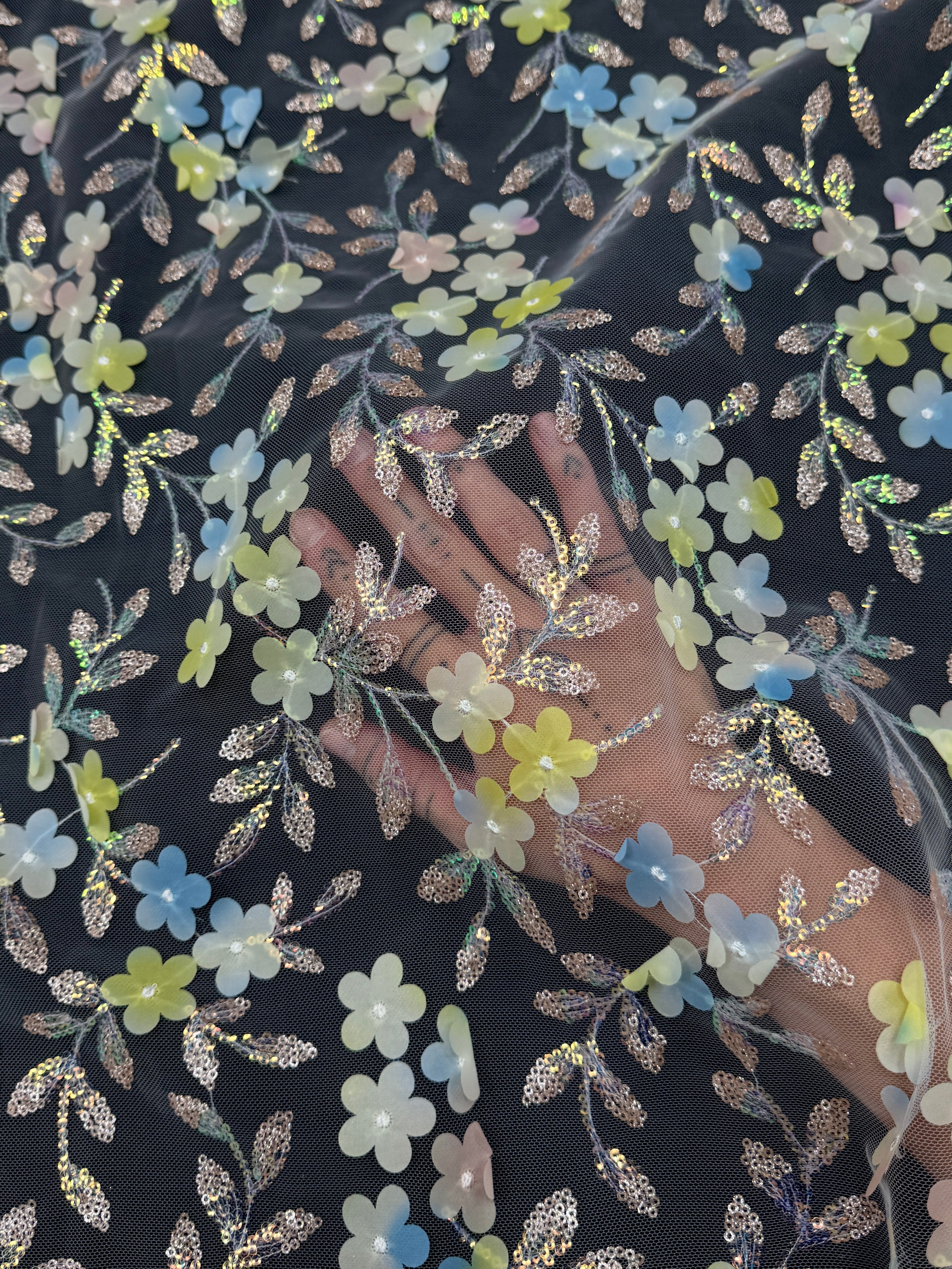 Blue Yellow Multicolor 3D Floral Embroidered Tulle, Fabric Store, Sewing Store, Cheap Fabric Store, Kiki Textiles, Textile by the Yard