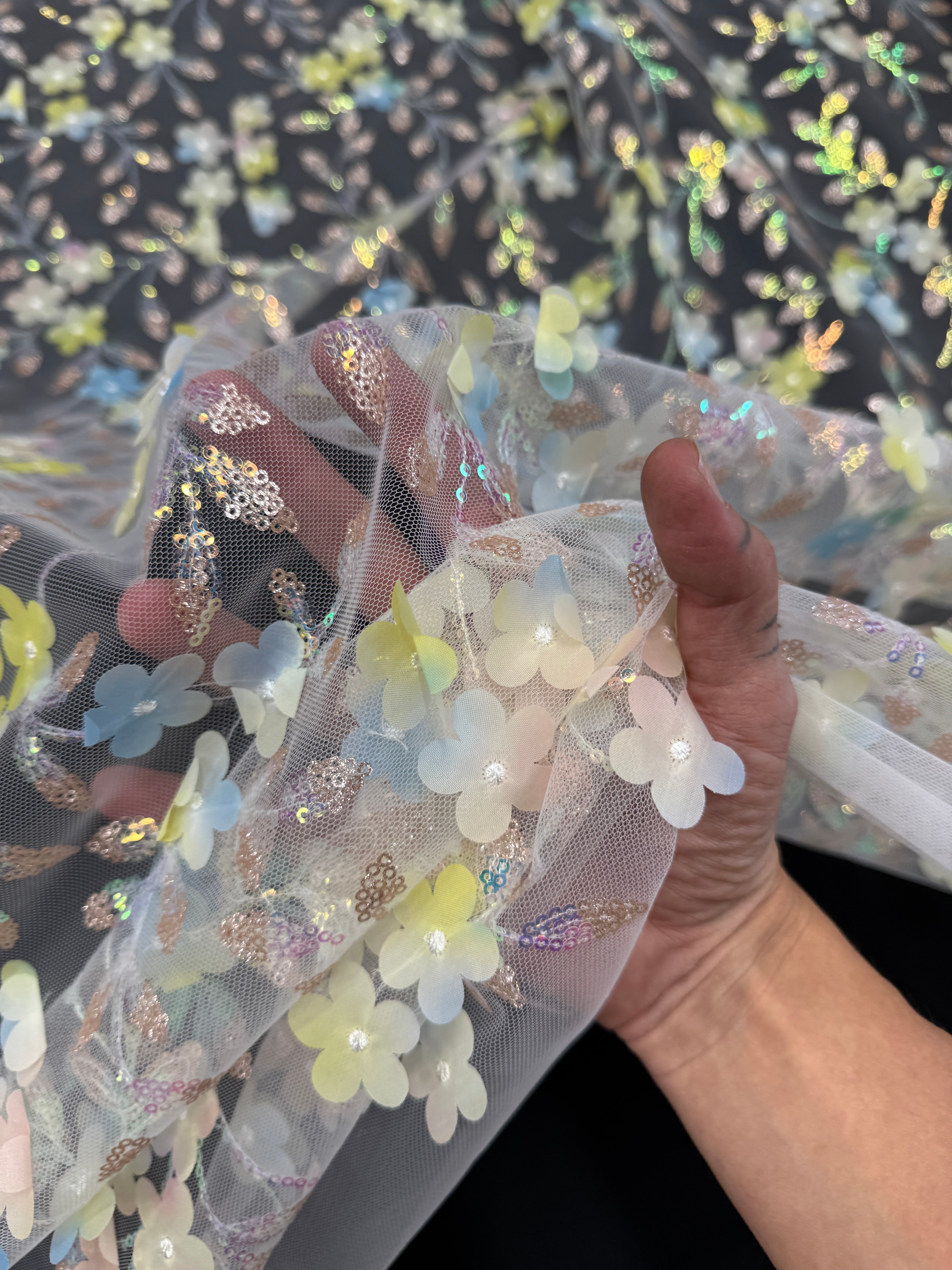 Blue Yellow Multicolor 3D Floral Embroidered Tulle, Multicolor Tulle Fabric, Embroidered Tulle Fabric, Floral Embroidered Tulle, 3D Embroidered Tulle, Multicolor Floral Tulle, Embellished Tulle Fabric