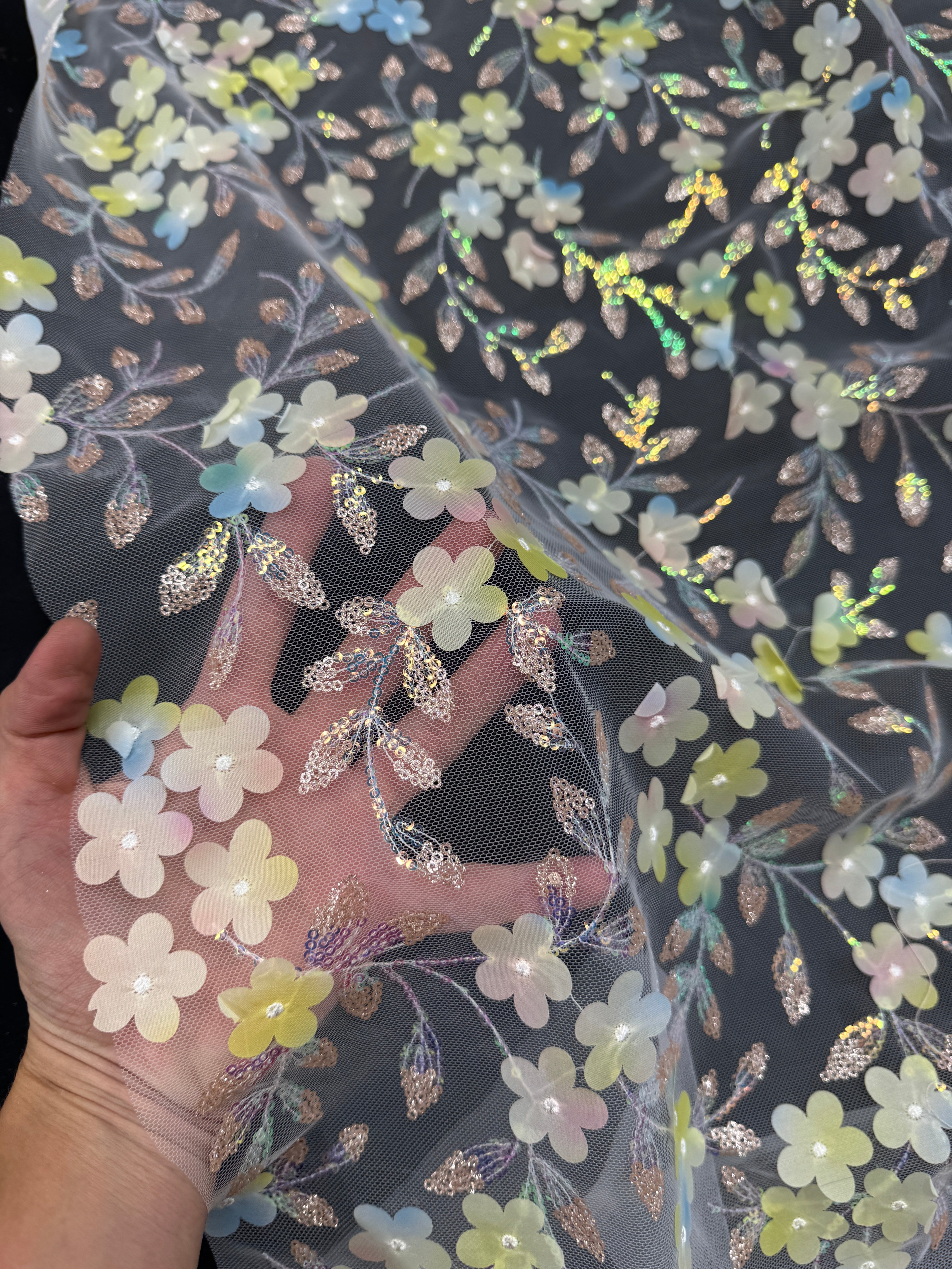 Blue Yellow Multicolor 3D Floral Embroidered Tulle, Fabric Store, Sewing Store, Cheap Fabric Store, Kiki Textiles, Textile by the Yard