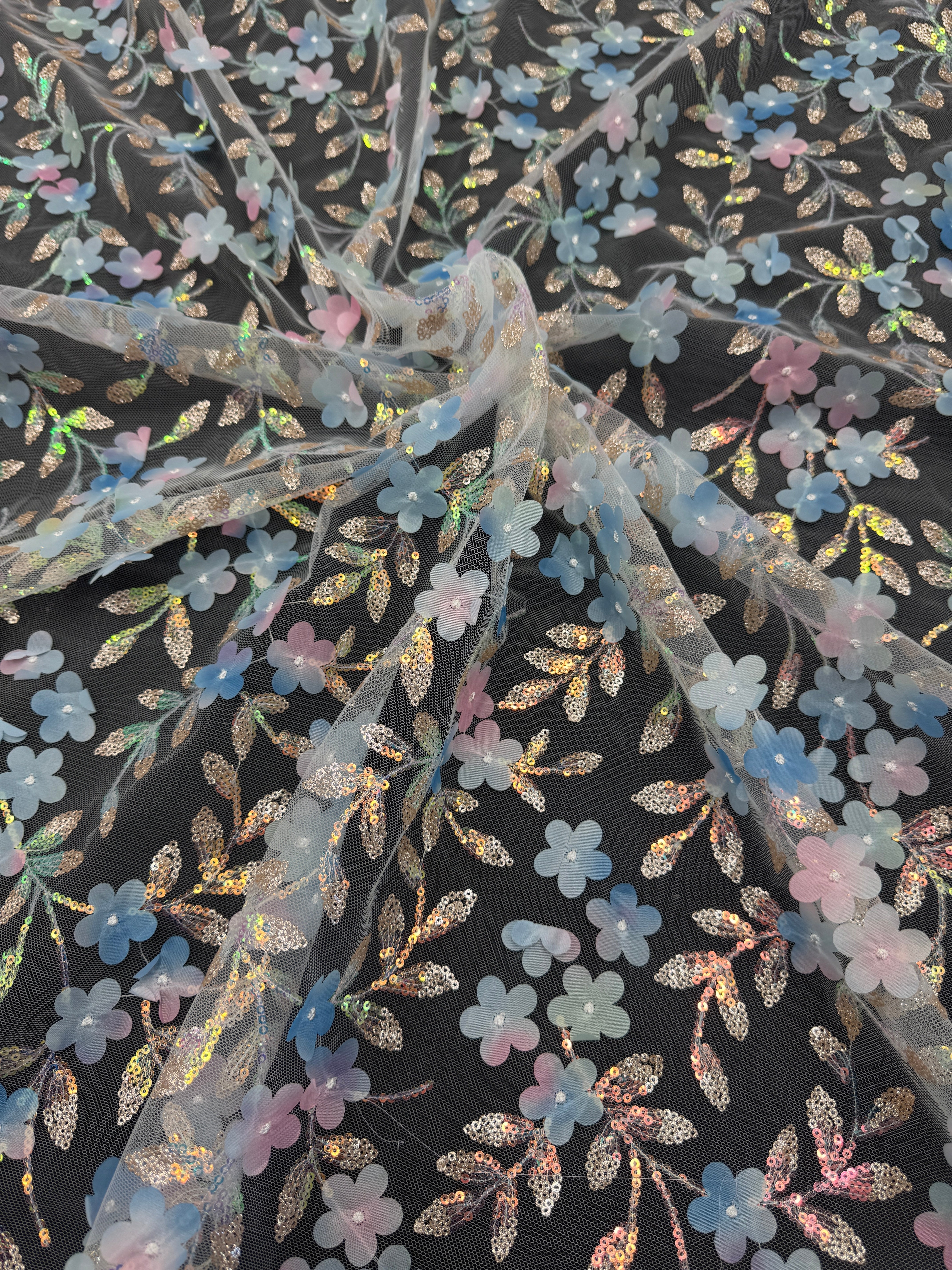 Blue Multicolor 3D Floral Embroidered Tulle, Multicolor Tulle Fabric, Embroidered Tulle Fabric, Floral Embroidered Tulle, 3D Embroidered Tulle, Multicolor Floral Tulle, Embellished Tulle Fabric
