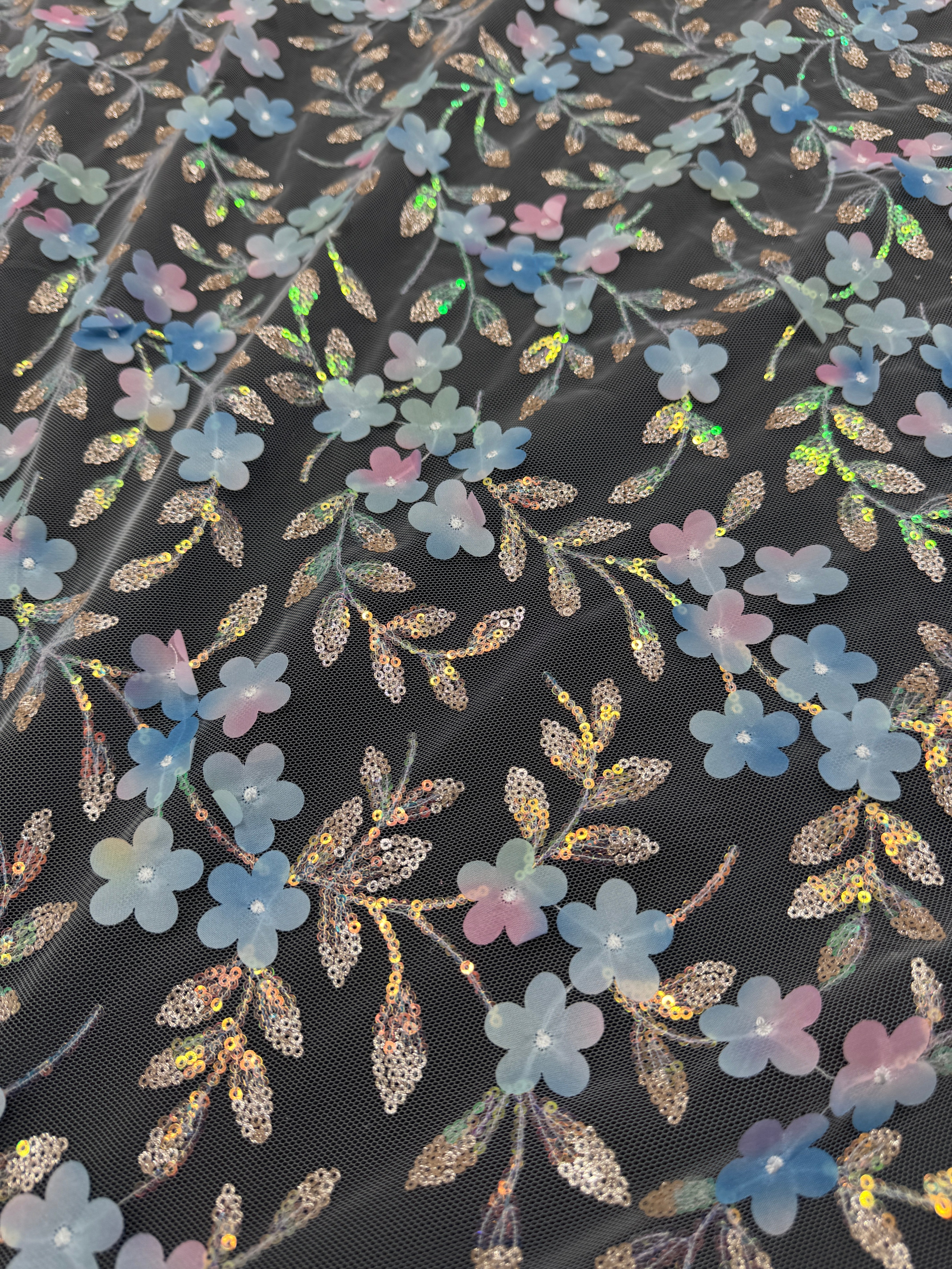 Blue Multicolor 3D Floral Embroidered Tulle, Multicolor Tulle Fabric, Embroidered Tulle Fabric, Floral Embroidered Tulle, 3D Embroidered Tulle, Multicolor Floral Tulle, Embellished Tulle Fabric