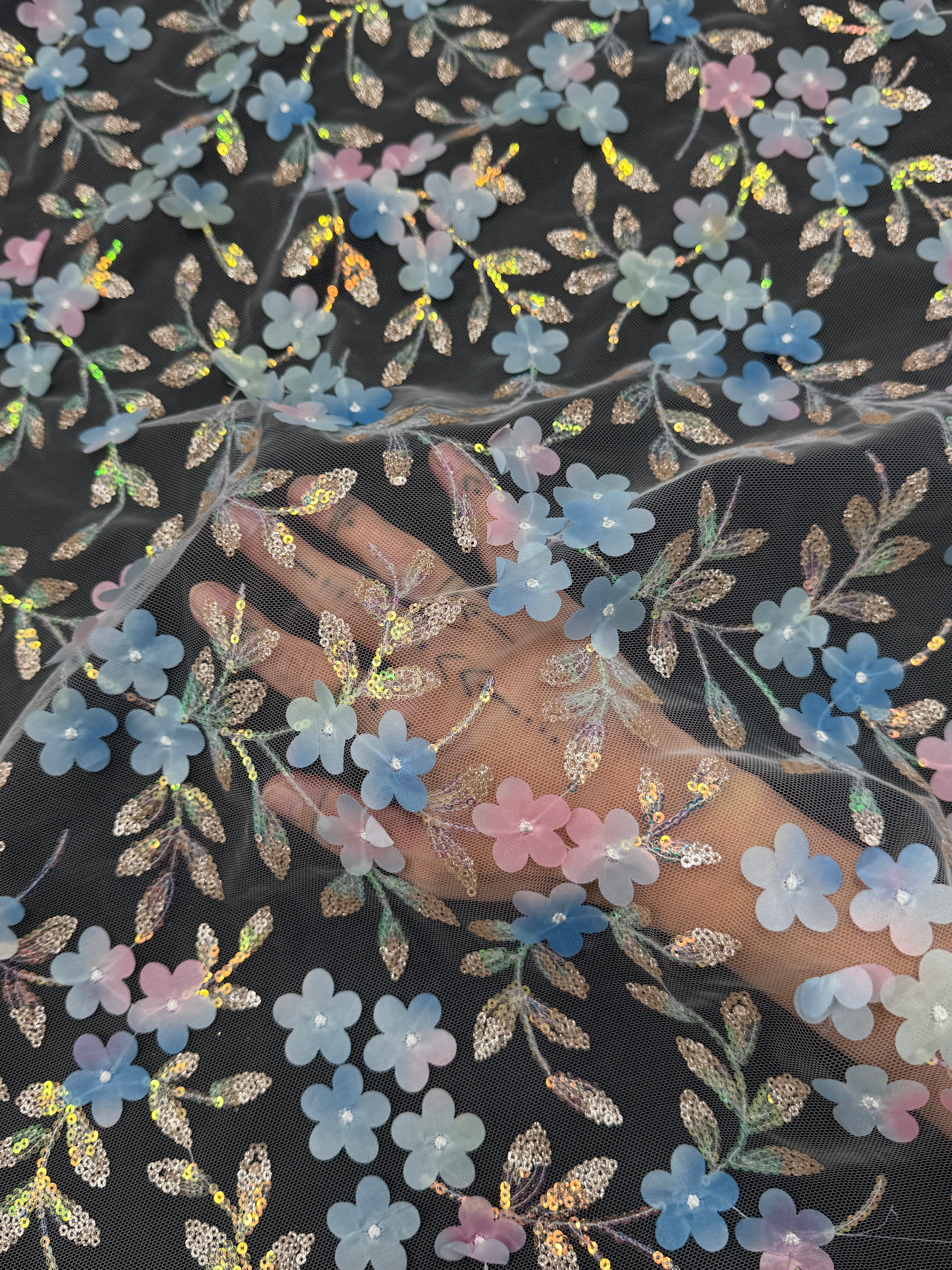 Blue Multicolor 3D Floral Embroidered Tulle, Fabric Store, Sewing Store, Cheap Fabric Store, Kiki Textiles, Textile by the Yard