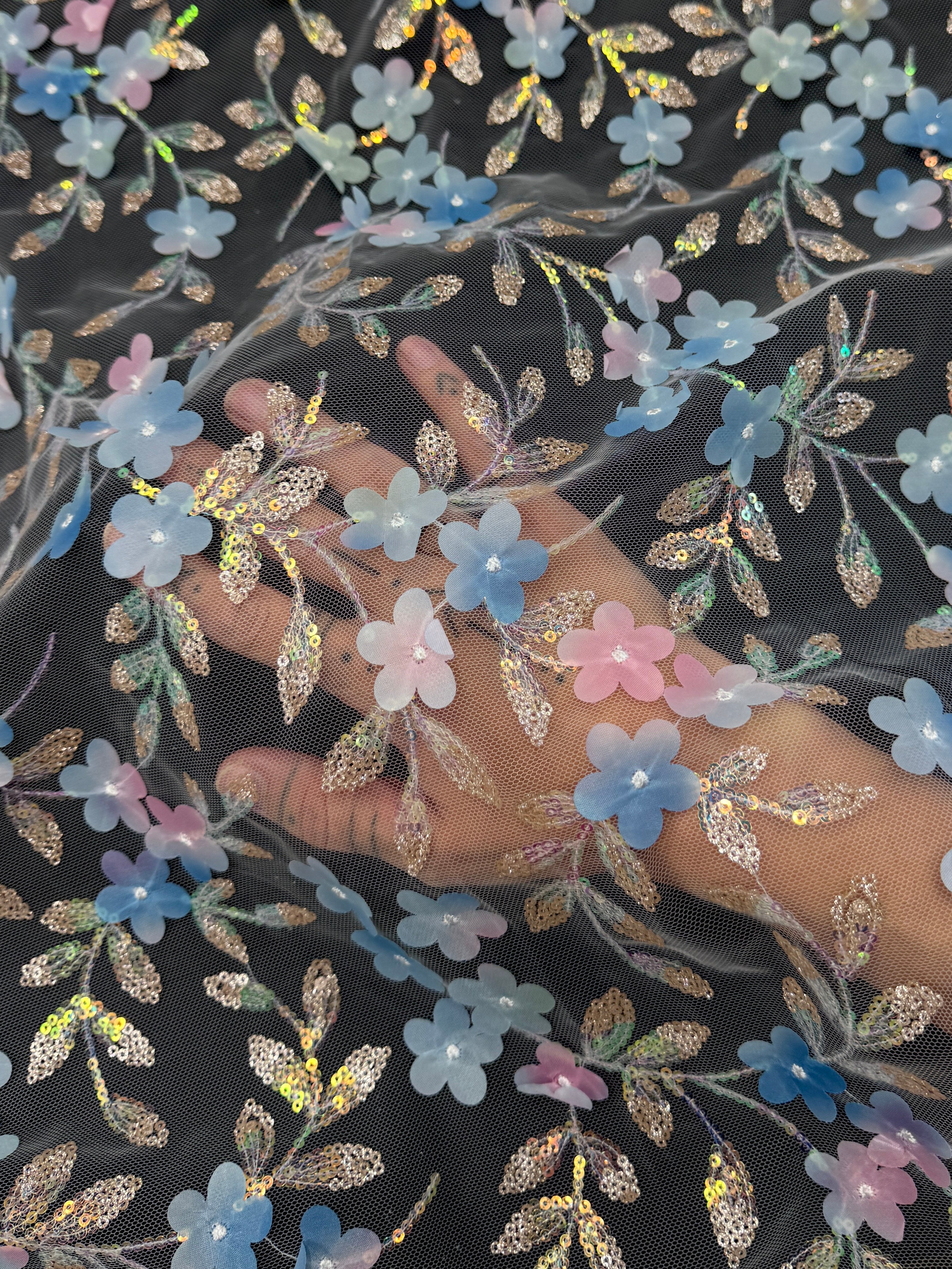 Blue Multicolor 3D Floral Embroidered Tulle, Fabric Store, Sewing Store, Cheap Fabric Store, Kiki Textiles, Textile by the Yard