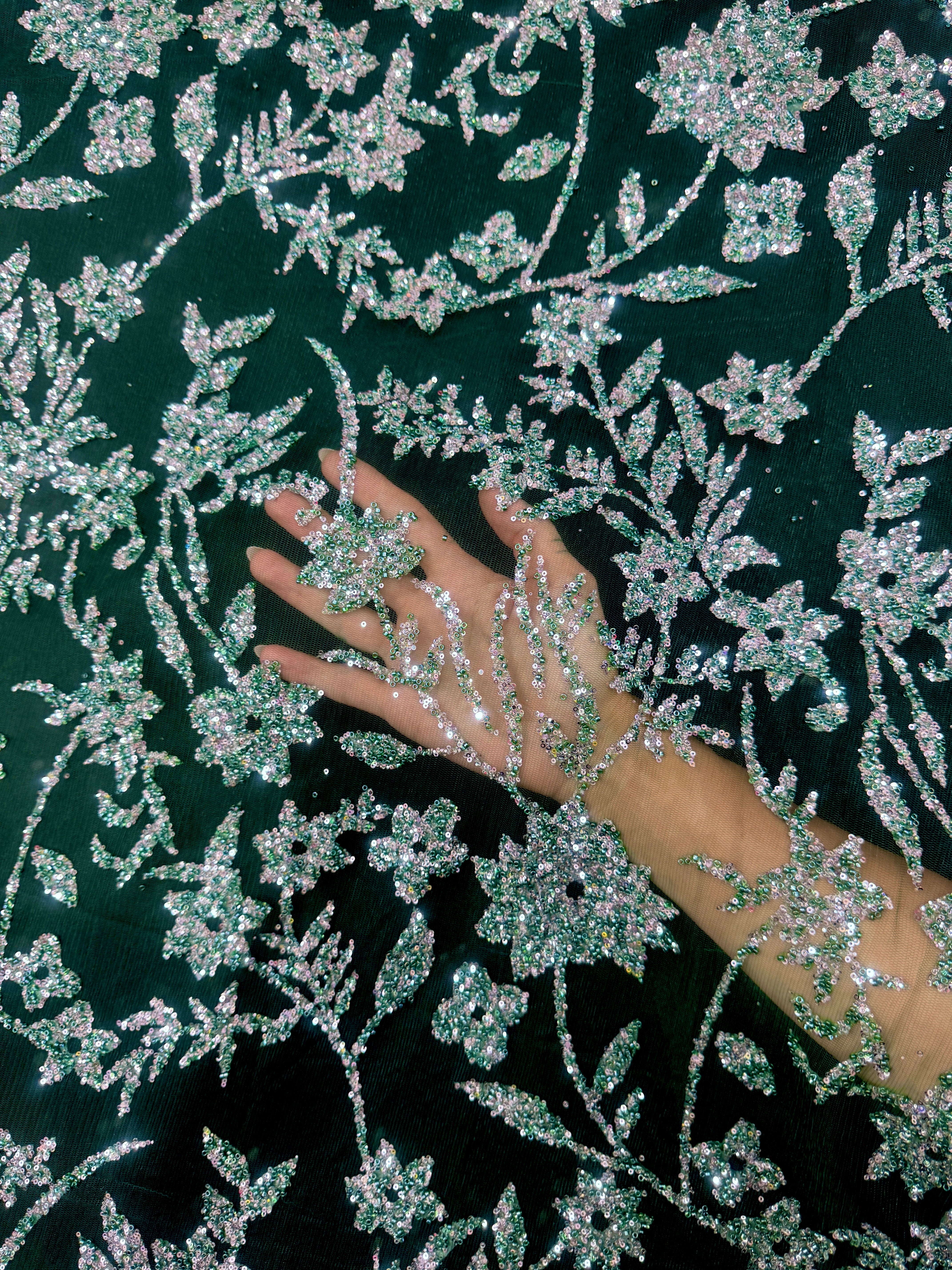 Green Silver Floral Beaded Lace, online textile store, sewing, fabric store, sewing store, cheap fabric store, kiki textiles