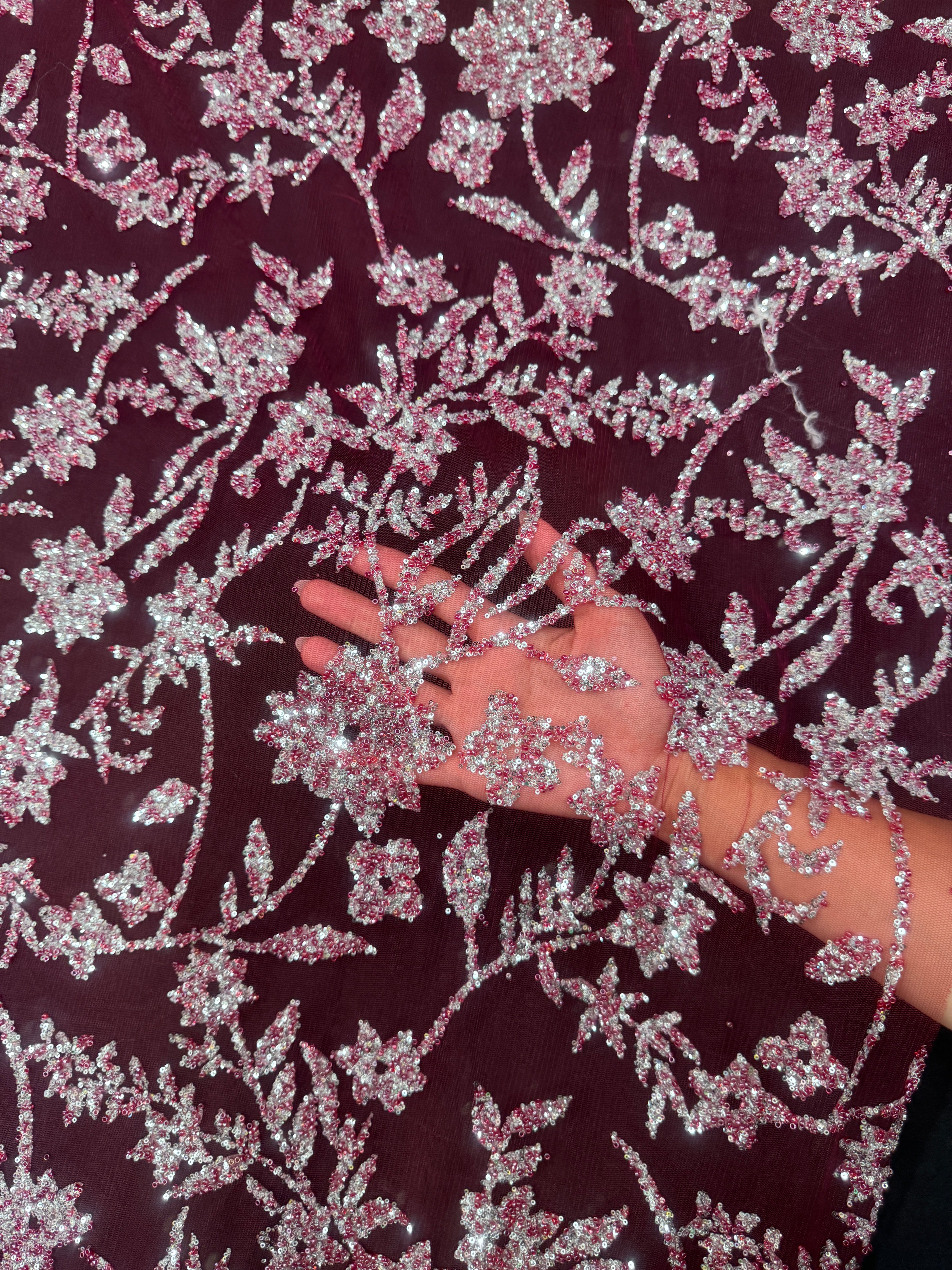 Wine Silver Floral Beaded Lace, Wine Lace Mesh, Beaded sequin lace, nude lace mesh,Glitter Lace, Seed beads lace,lace mesh on discount