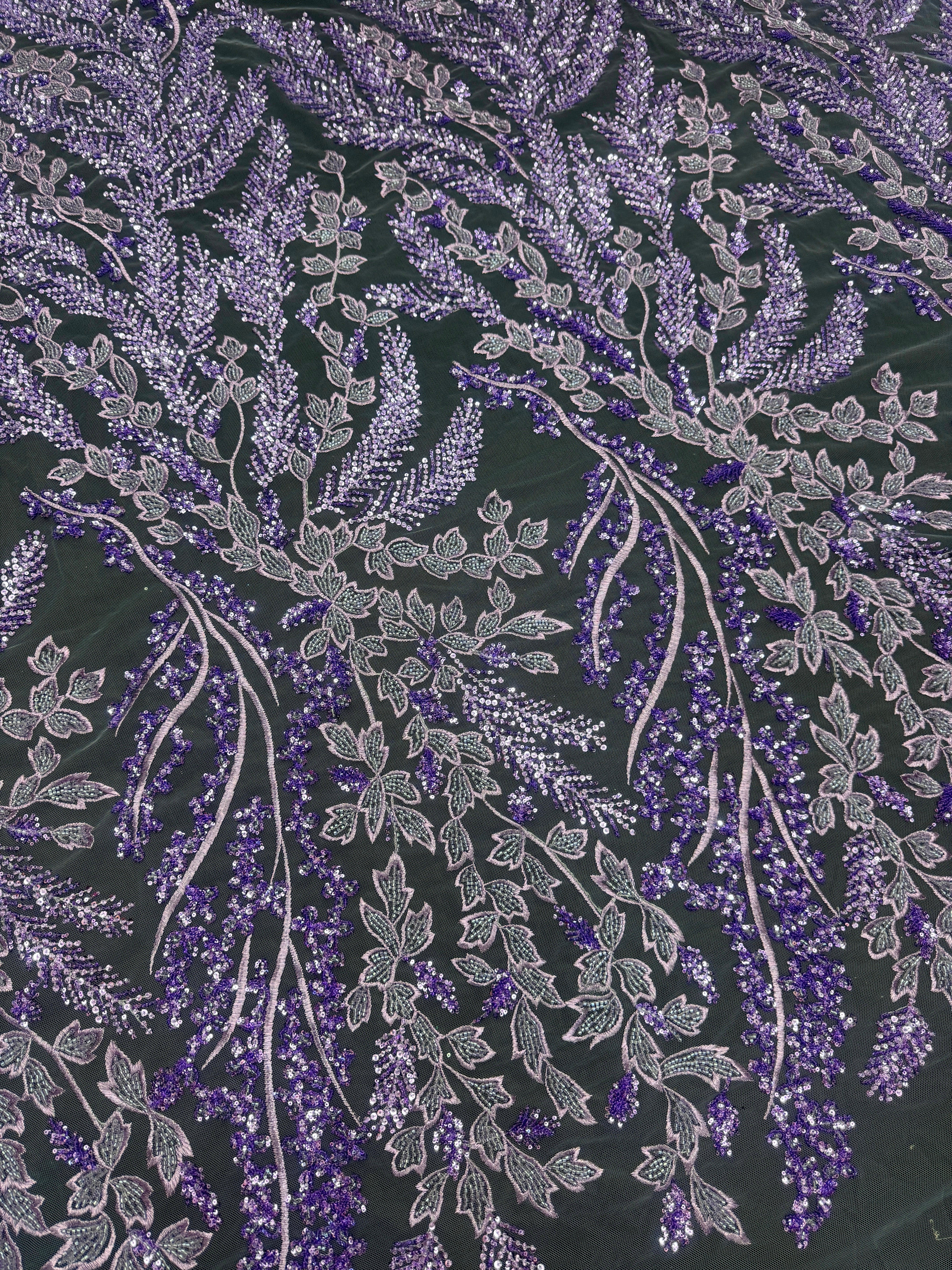 Lavender Leaves Beaded Embroidered Lace, online textile store, sewing, fabric store, sewing store, cheap fabric store, kiki textiles
