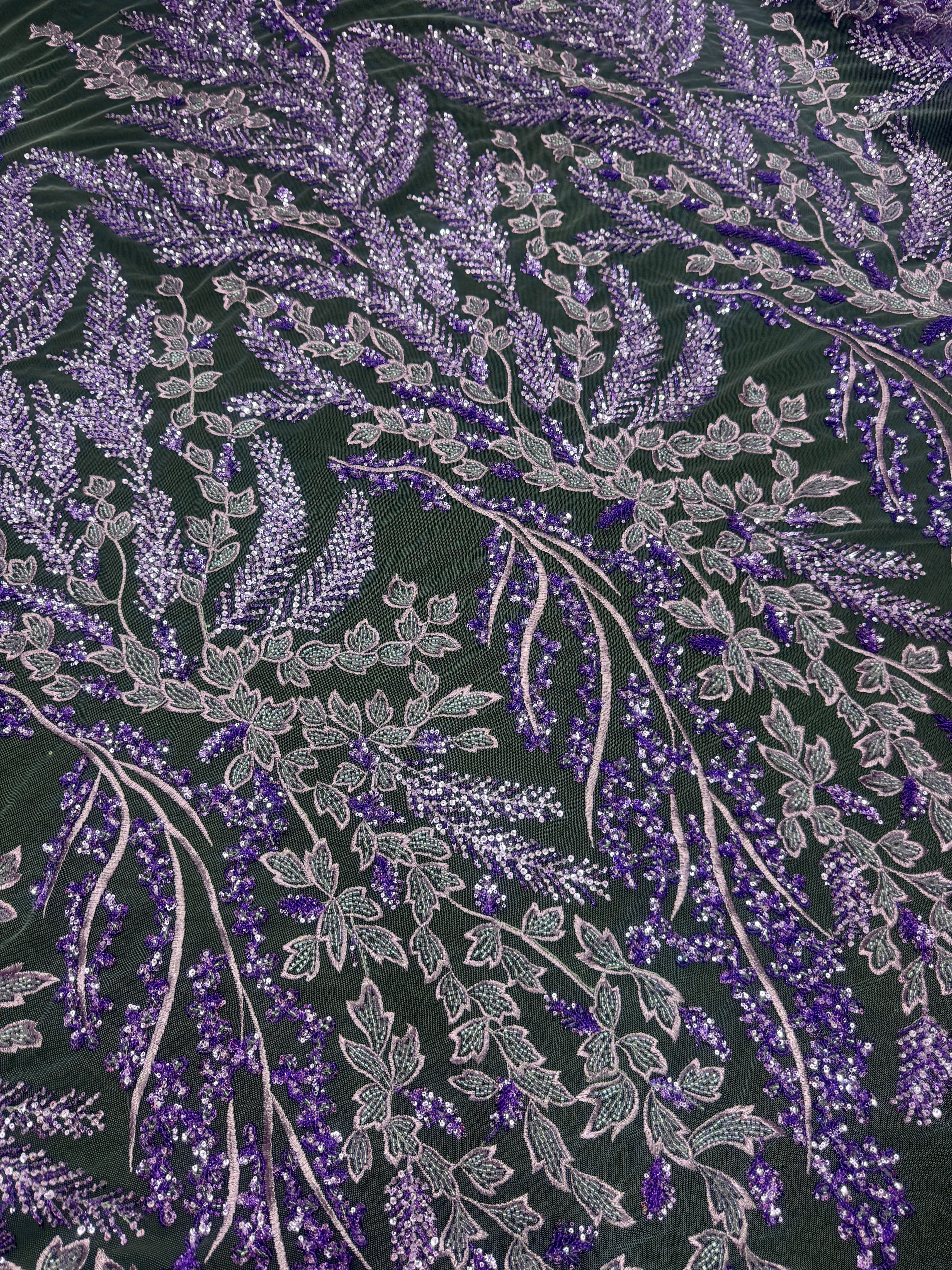 Lavender Leaves Beaded Embroidered Lace, online textile store, sewing, fabric store, sewing store, cheap fabric store, kiki textiles