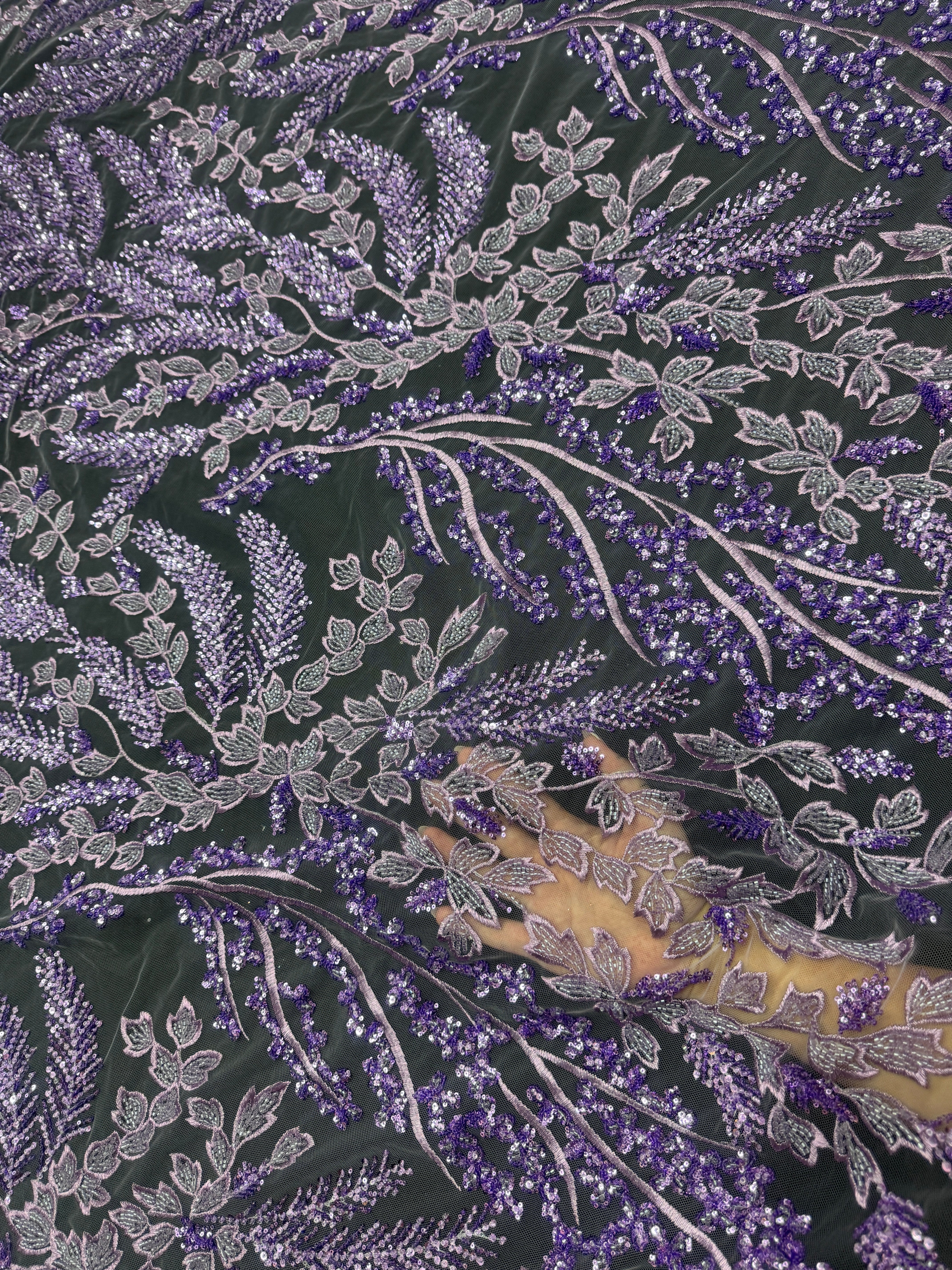 Lavender Leaves Beaded Embroidered Lace, Lavender lace, Embroidered Lace, nude lace mesh, lace for woman, lace for bride, lace on sale, lace on discount
