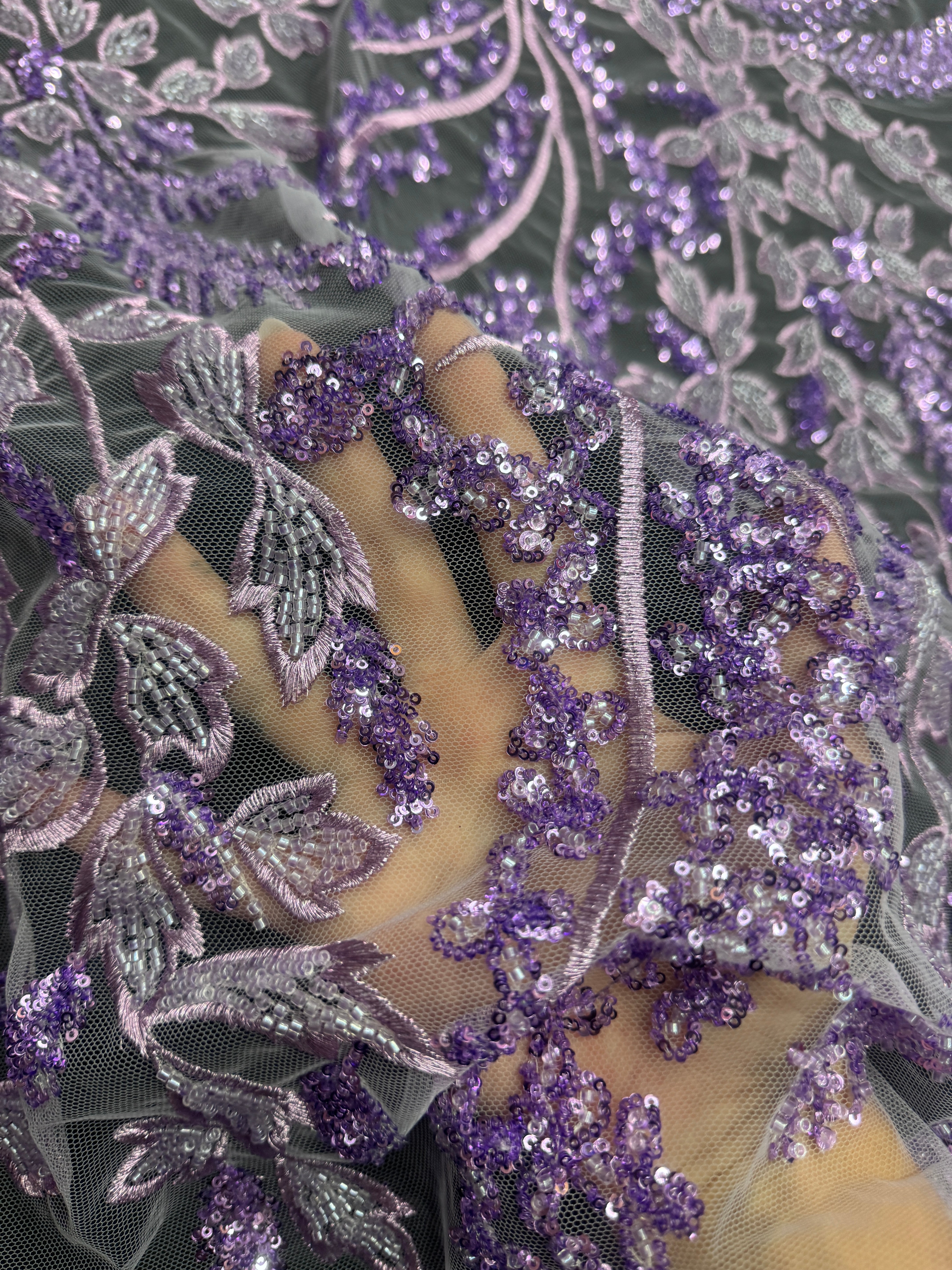 Lavender Leaves Beaded Embroidered Lace, Lavender lace, Embroidered Lace, nude lace mesh, lace for woman, lace for bride, lace on sale, lace on discount