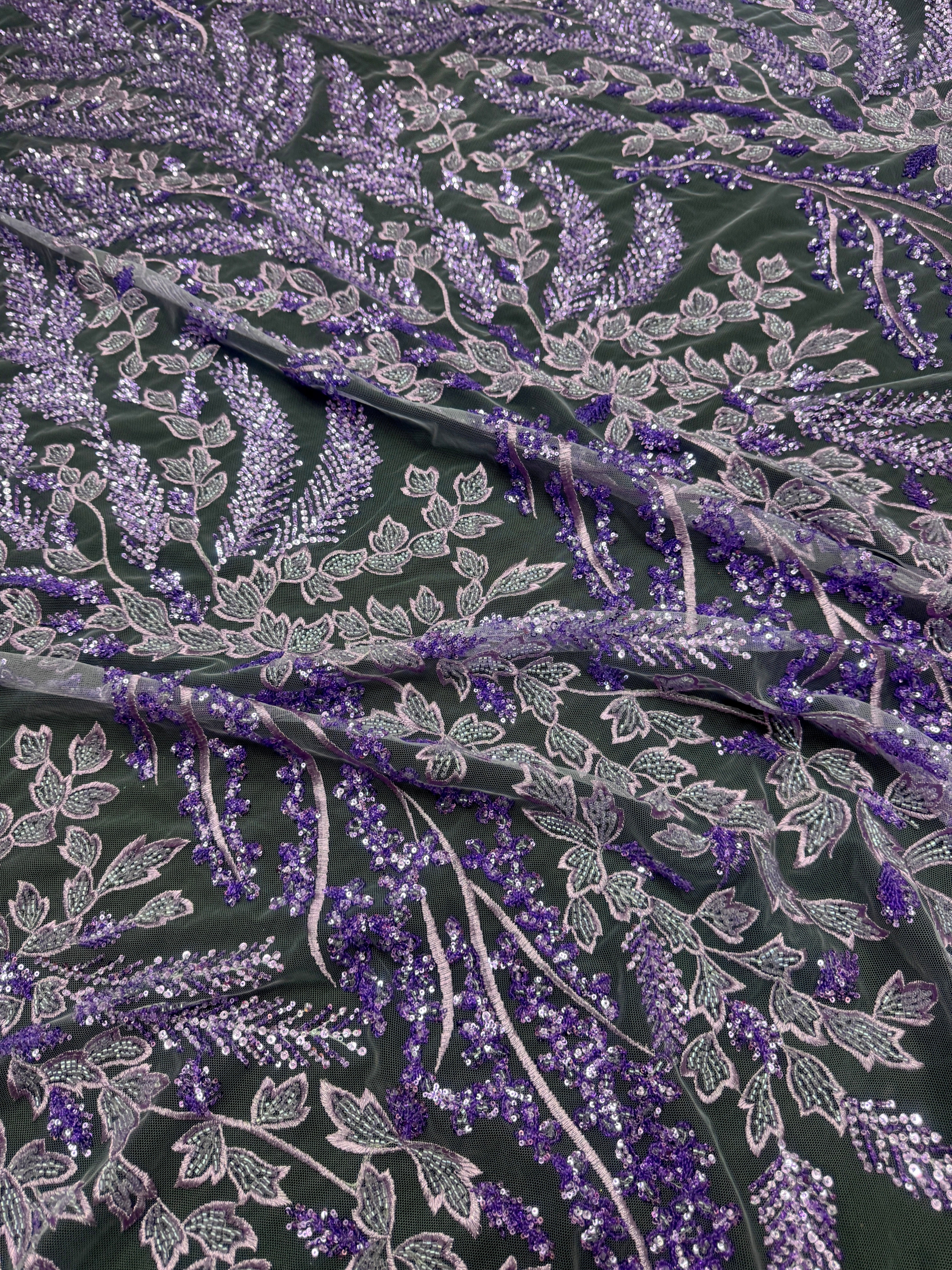 Lavender Leaves Beaded Embroidered Lace, Lavender lace, Embroidered Lace, nude lace mesh, lace for woman, lace for bride, lace on sale, lace on discount