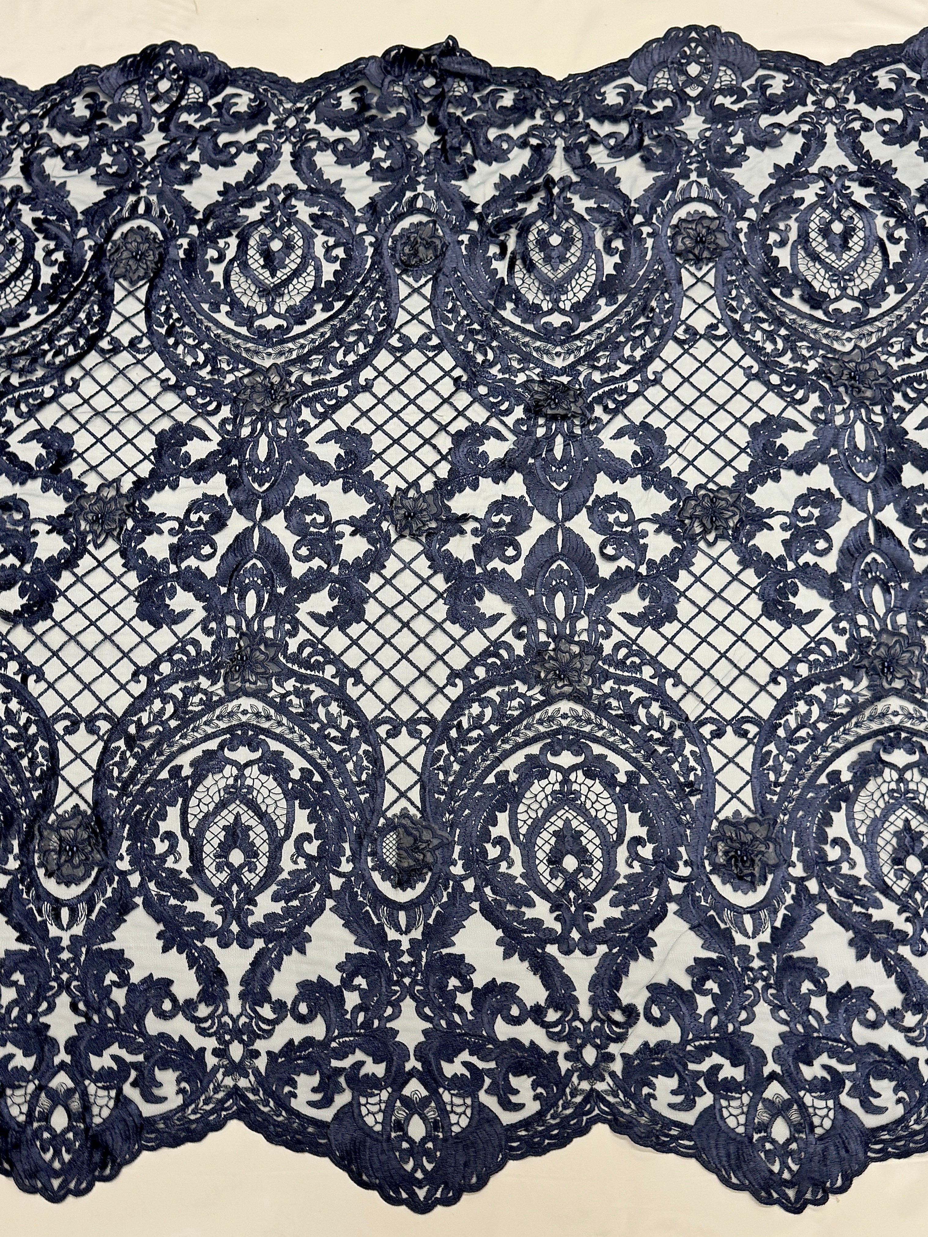 Navy Baroque Embroidered Scalloped Lace, Embroidered Lace Fabric, Embroidered Lace, Embellished Lace Fabric, Luxury Lace Fabric, Fancy Lace Fabric